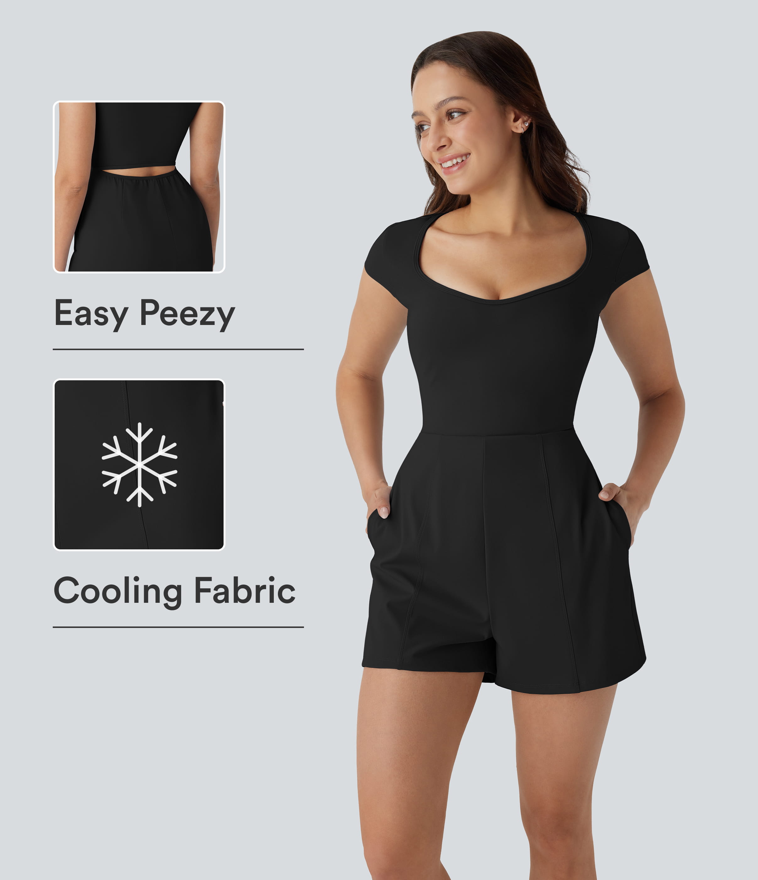 SoftlyZero™ Airy U Neck Cap Sleeve Pocket Cool Touch Yoga Romper-Easy Peezy