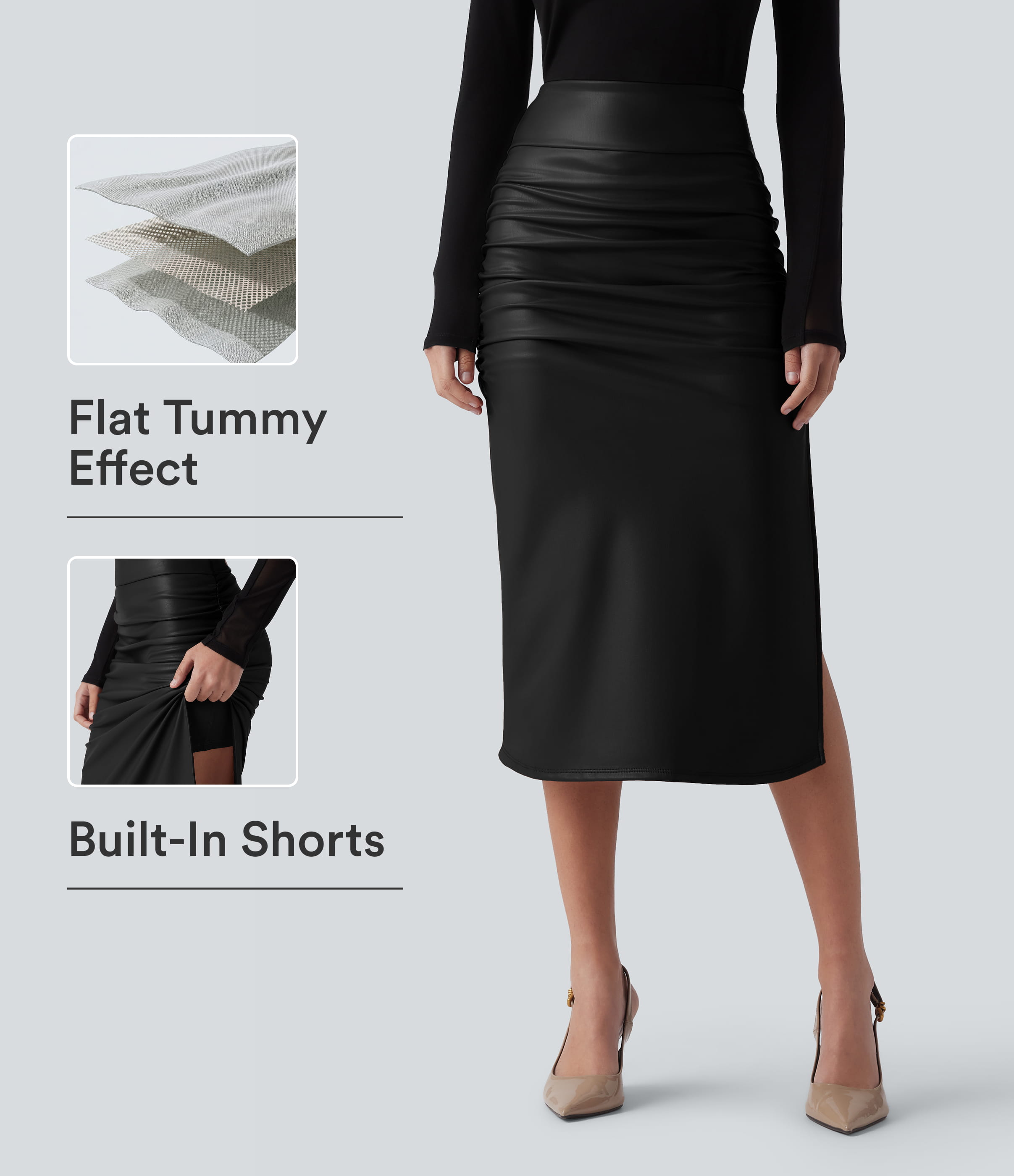 Falda midi casual 2 en 1 de talle alto con control abdominal, fruncida, dobladillo curvado, en fleece y PU