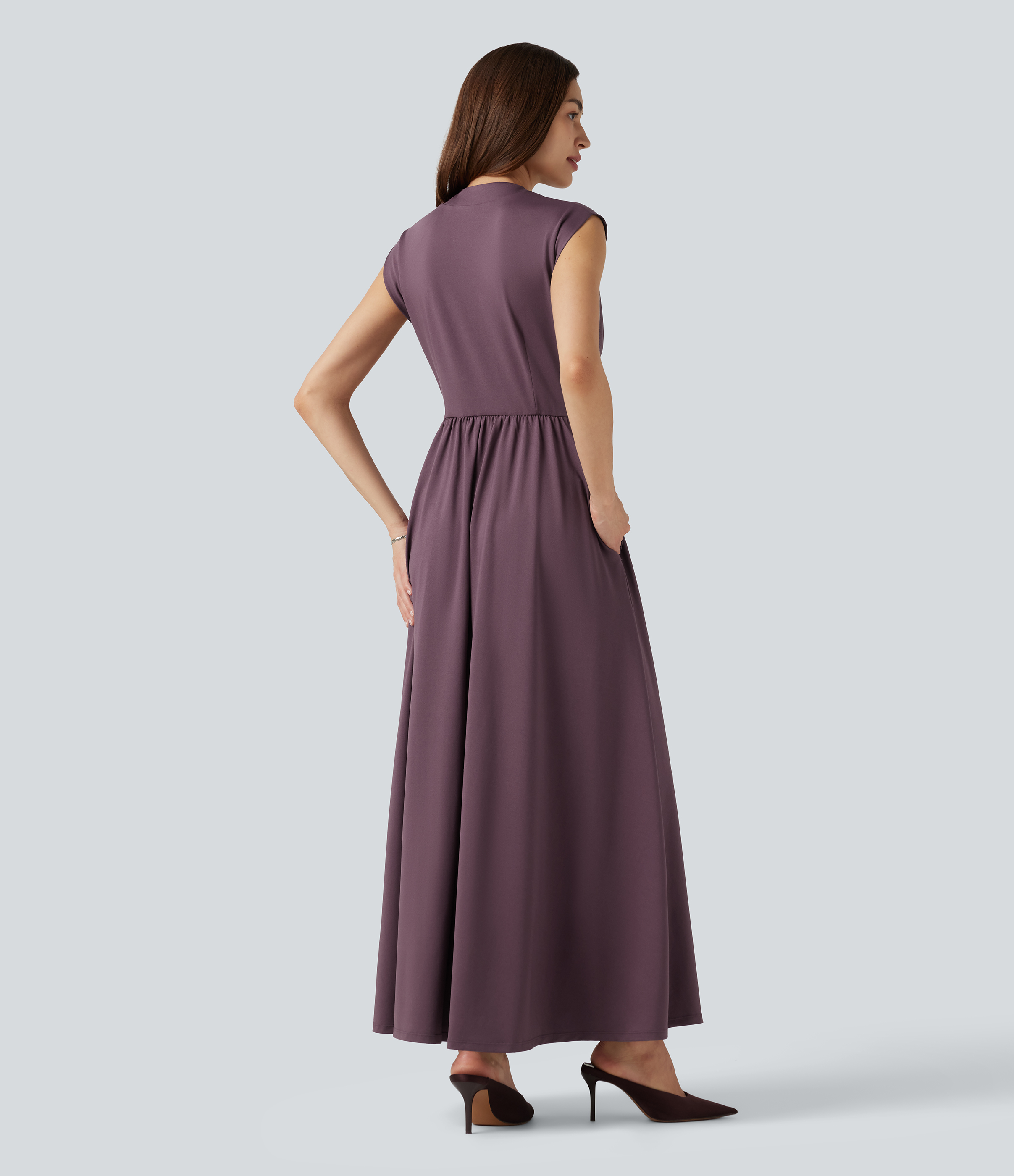 Plum Wine Robe de travail midi fluide sans manches à encolure en V avec poches / 2
