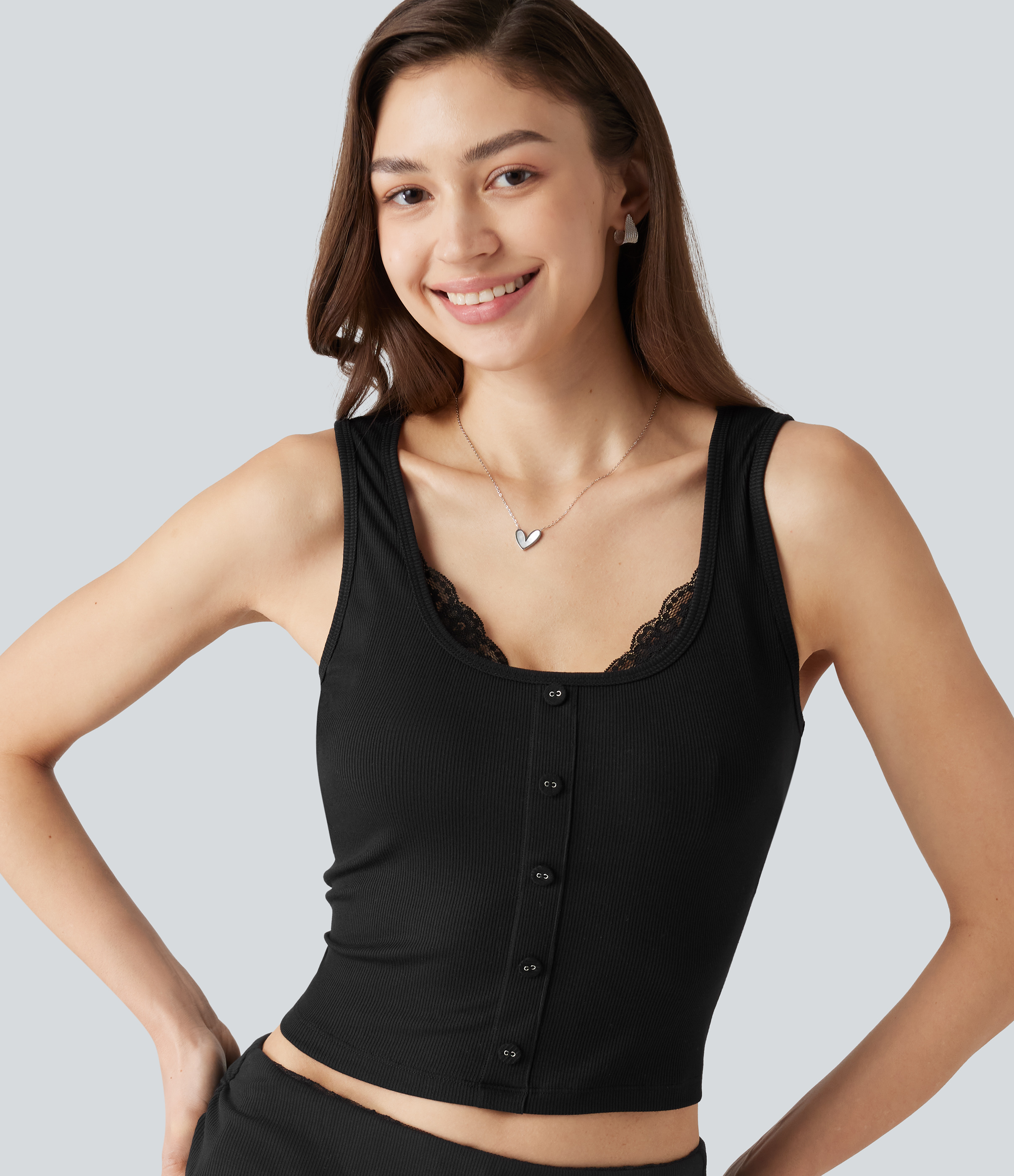 High Stretch Ribbed Knit Square Neck Contrast Lace Casual Tank Top