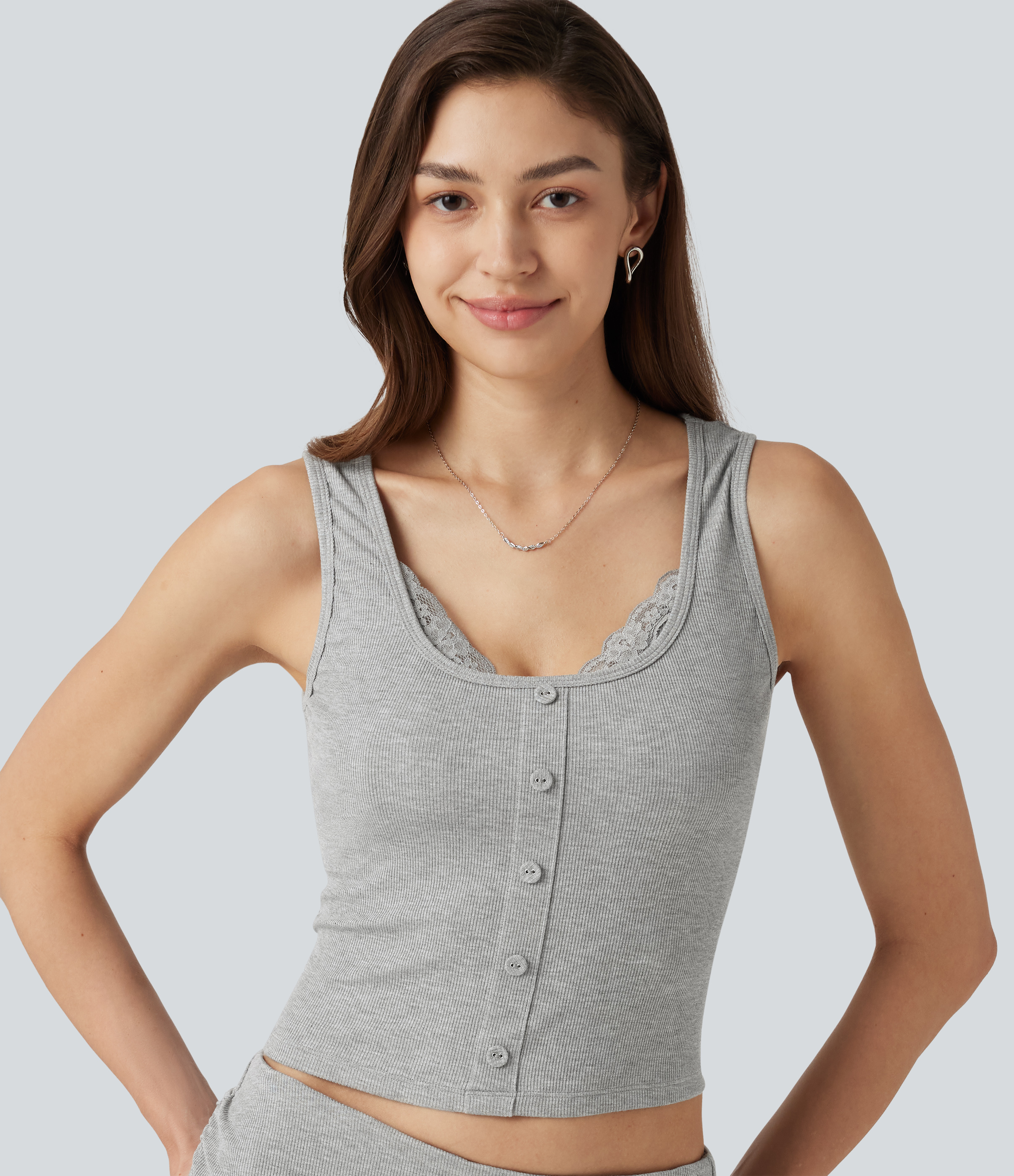 High Stretch Ribbed Knit Square Neck Contrast Lace Casual Tank Top