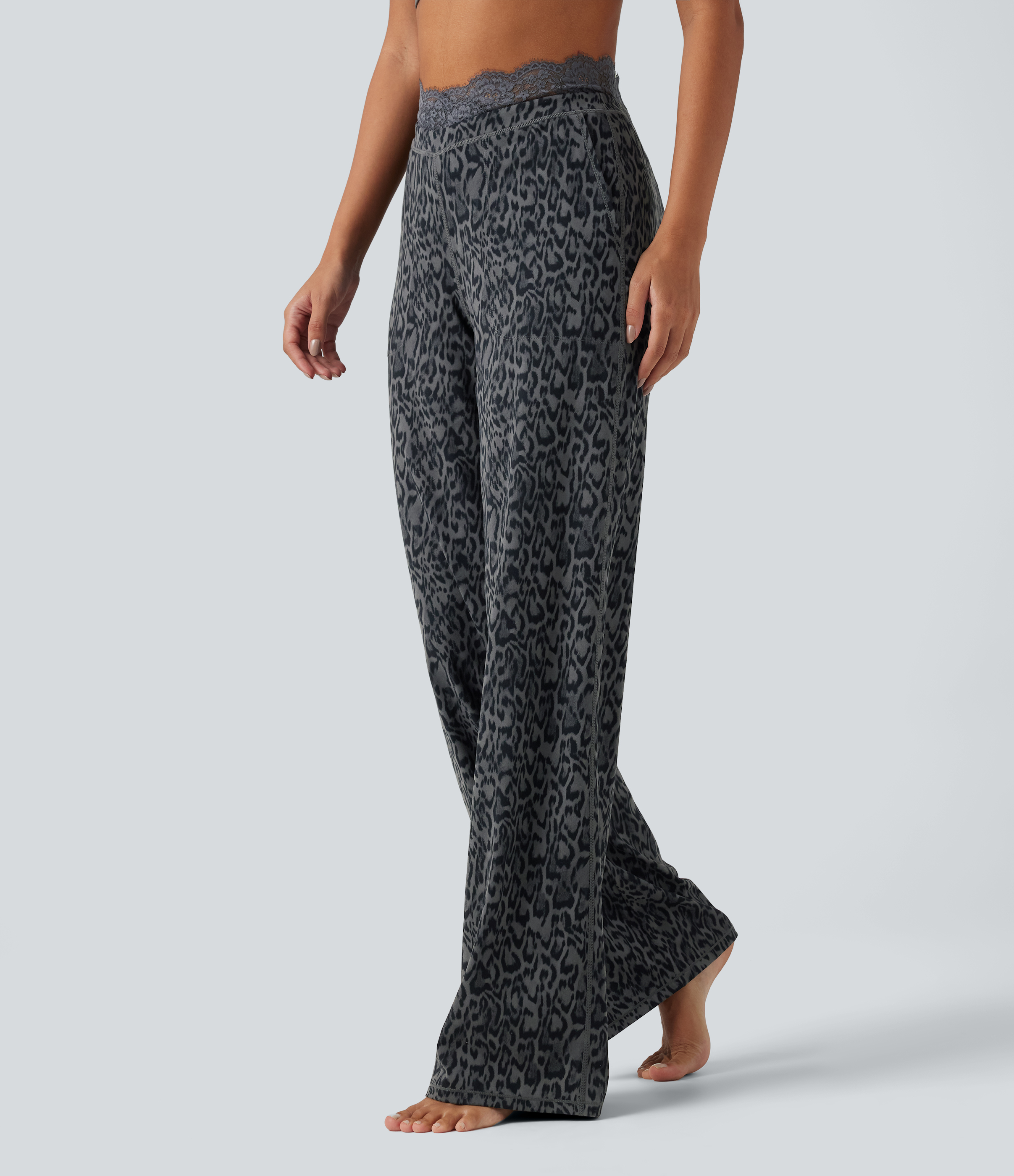 Halara UltraSculpt™ Leopard Print High Waisted Contrast Lace Straight Leg Yoga Pants with Pockets