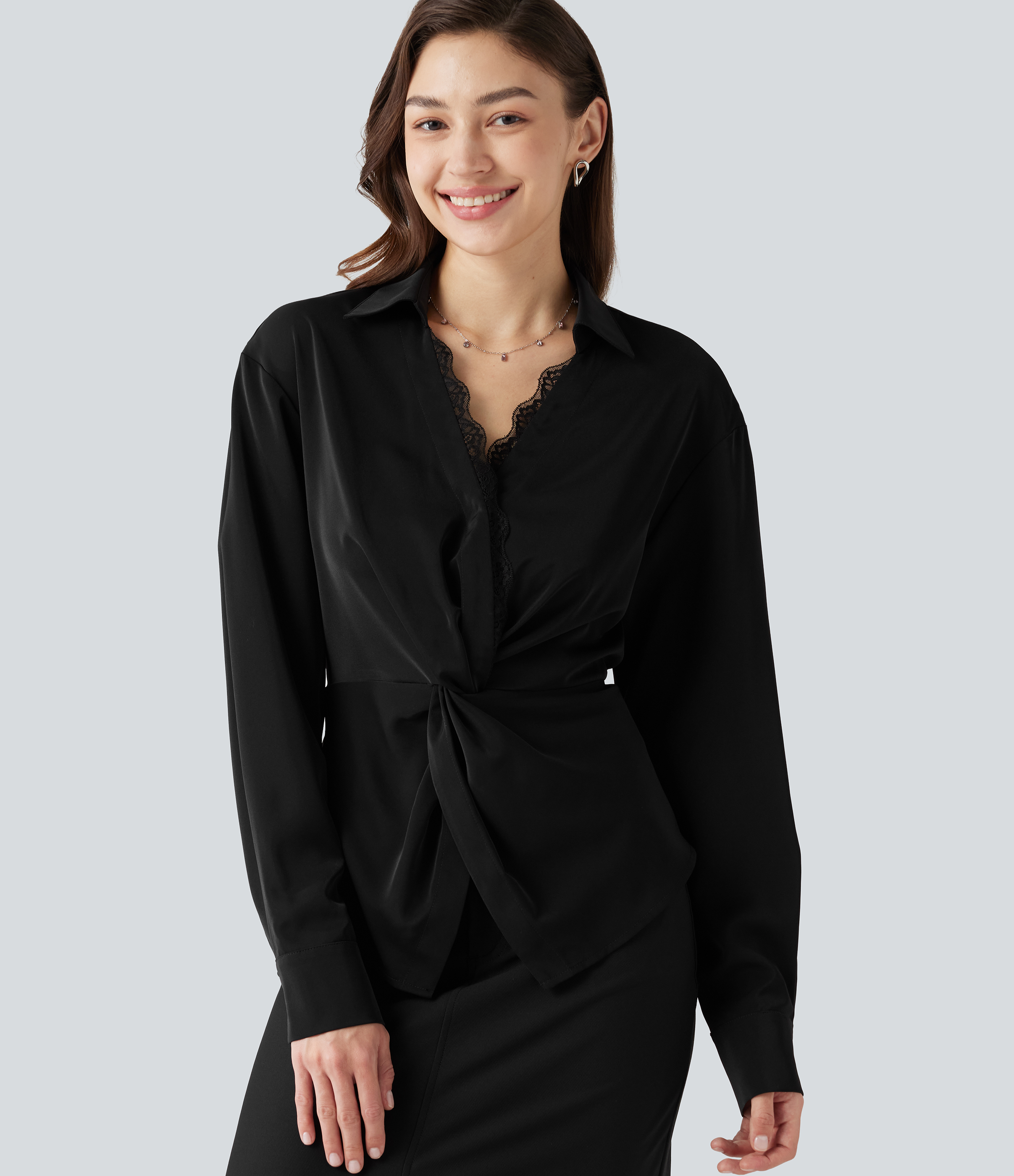 Wrinkle-Resistant V Neck Contrast Lace Long Sleeve Tie Back Twisted Work Shirt