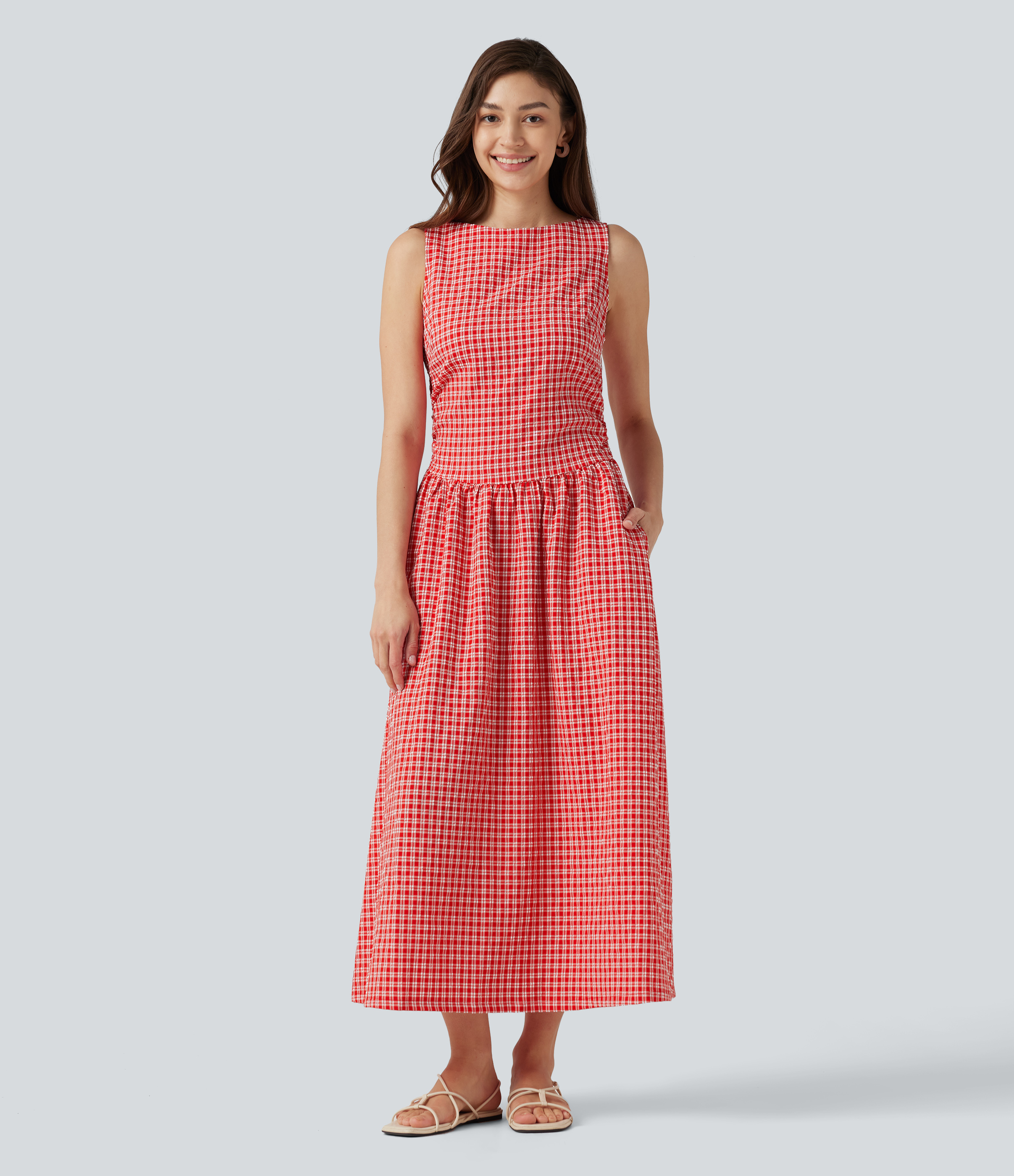 Boat Neck Sleeveless Gingham Midi Casual Dress with Pockets