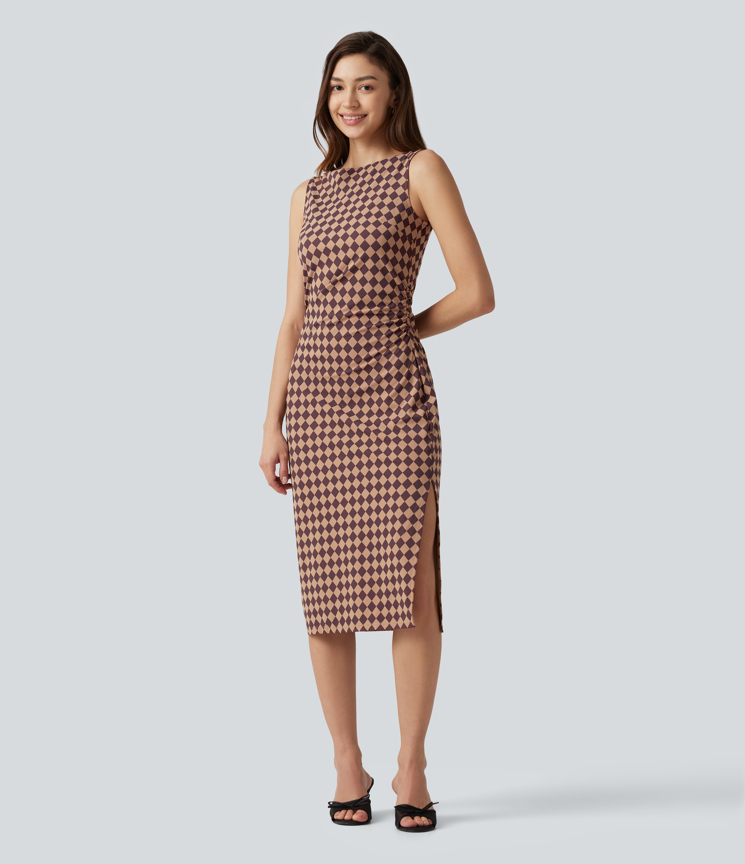 Halara UltraSculpt™ Plaid Print Boat Neck Sleeveless Bodycon Midi Casual Dress