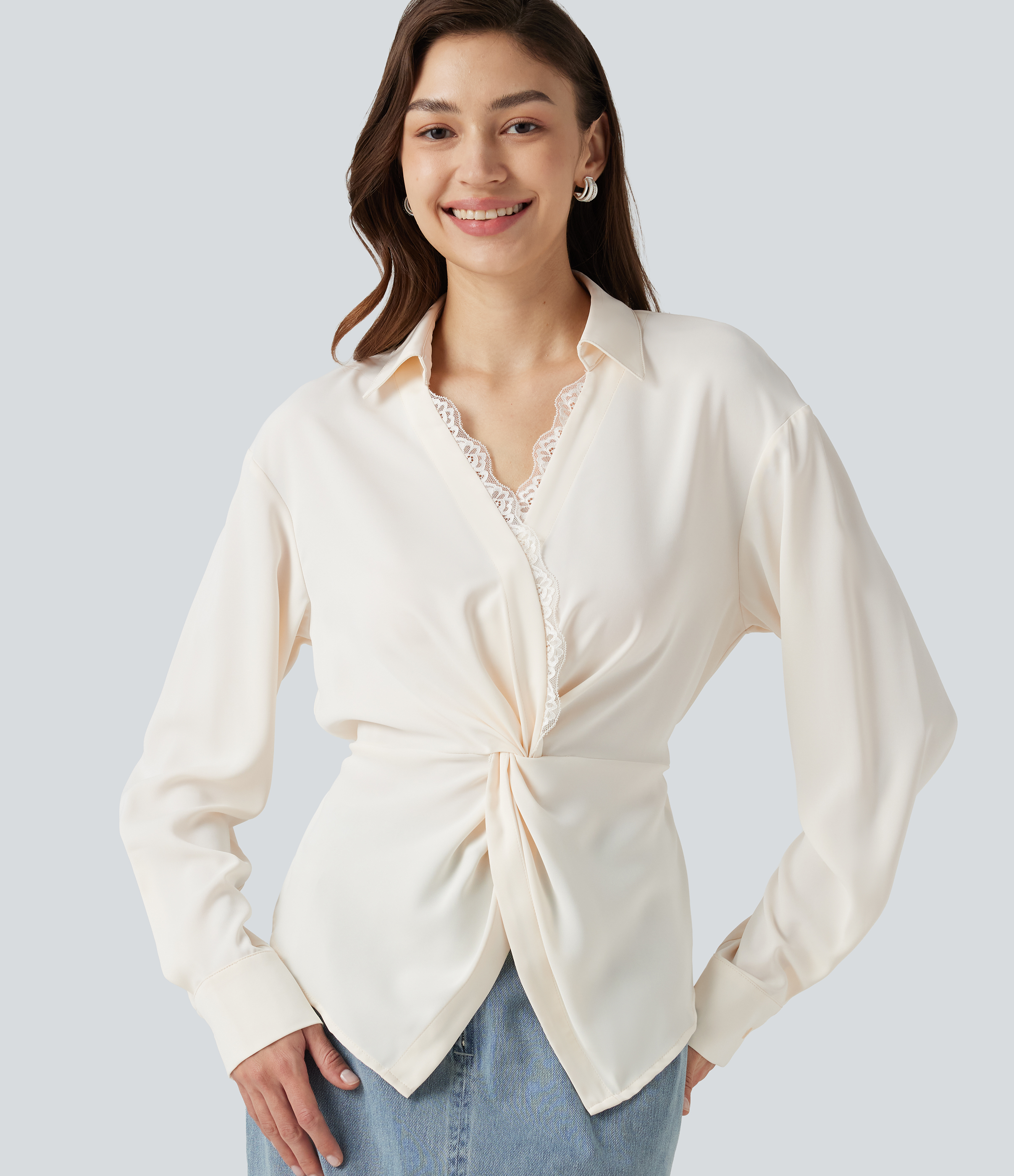 Wrinkle-Resistant V Neck Contrast Lace Long Sleeve Tie Back Twisted Work Shirt