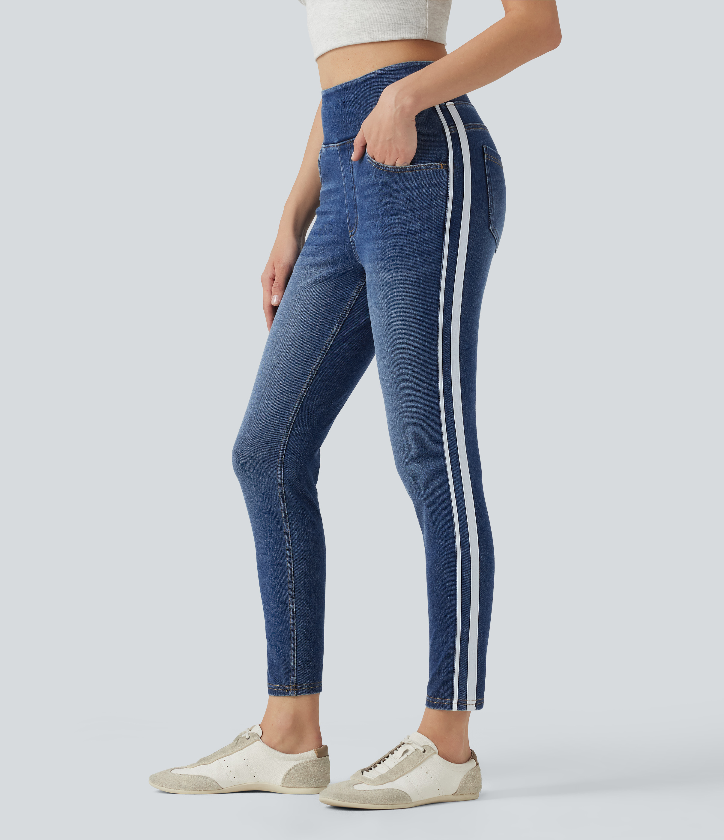 Halara Flex™ High Waisted Stripe Skinny Washed Casual Jeans with Pockets
