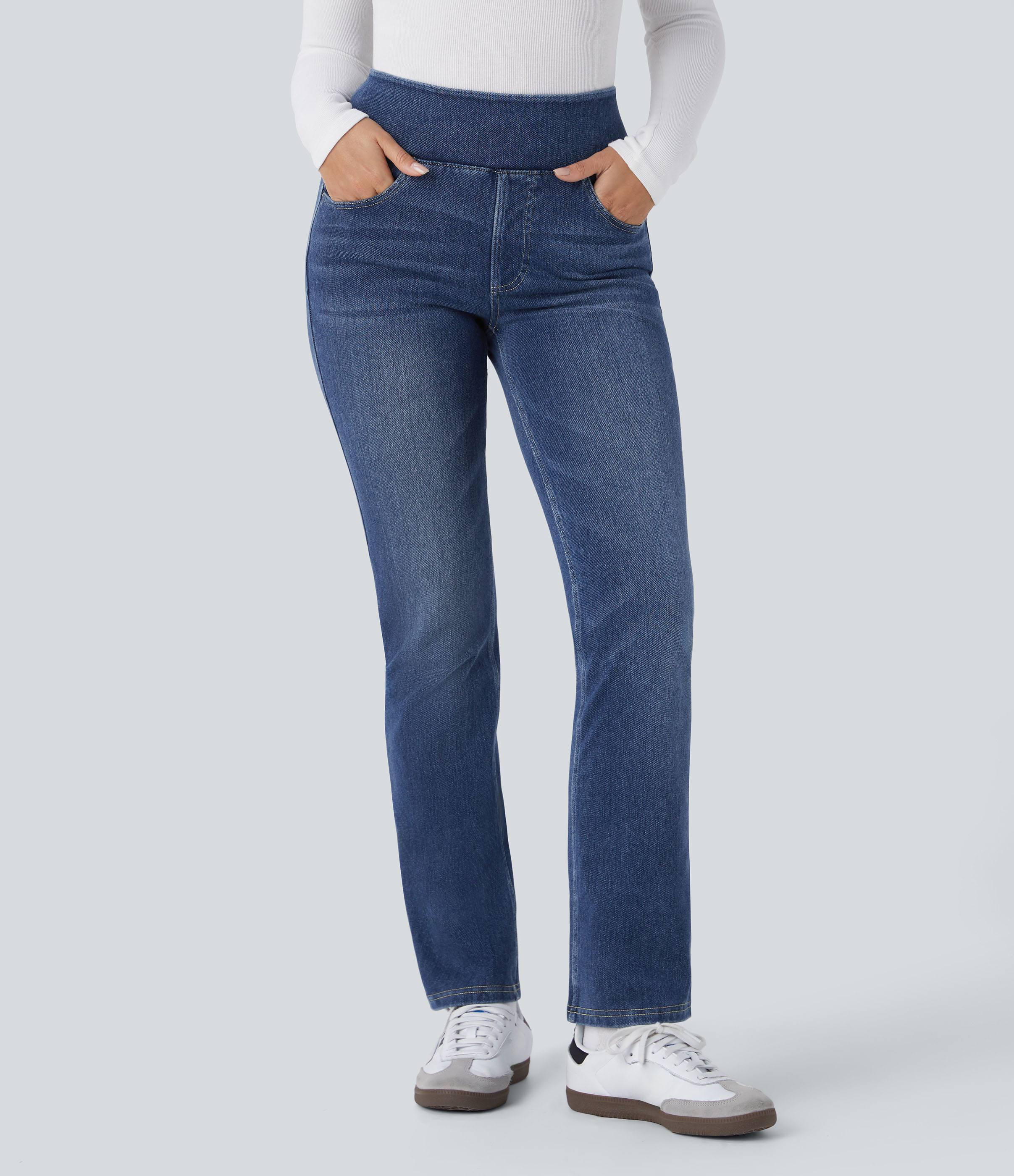 Cloud Stack Blue Denim Halara Flex™ Denim Heat - Washed bootcut denim jeans with a high-rise waist and side pockets / 2