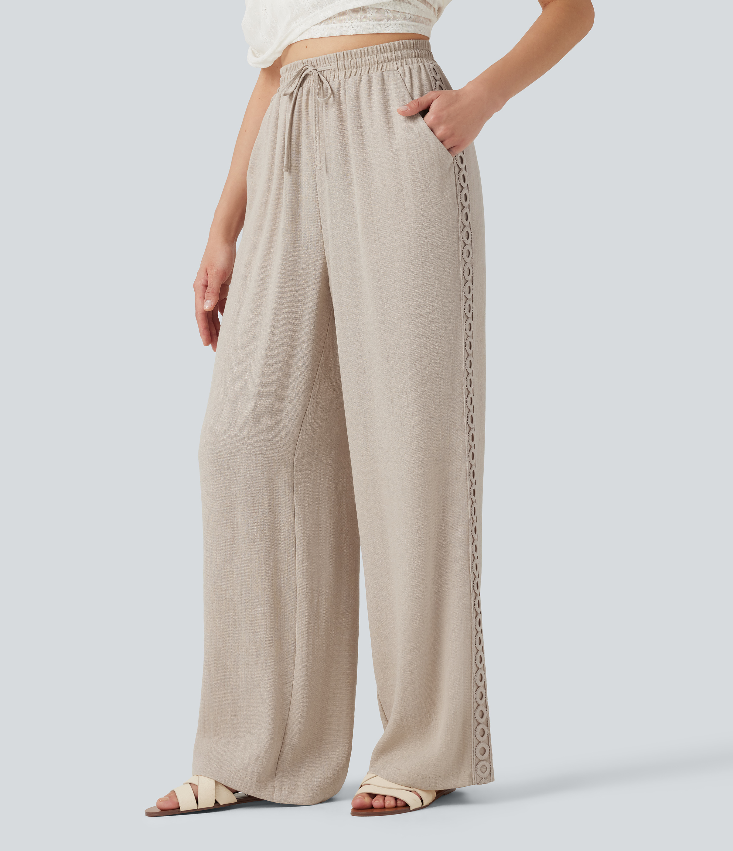 High Waisted Drawstring Casual Linen-Feel Pants with Pockets