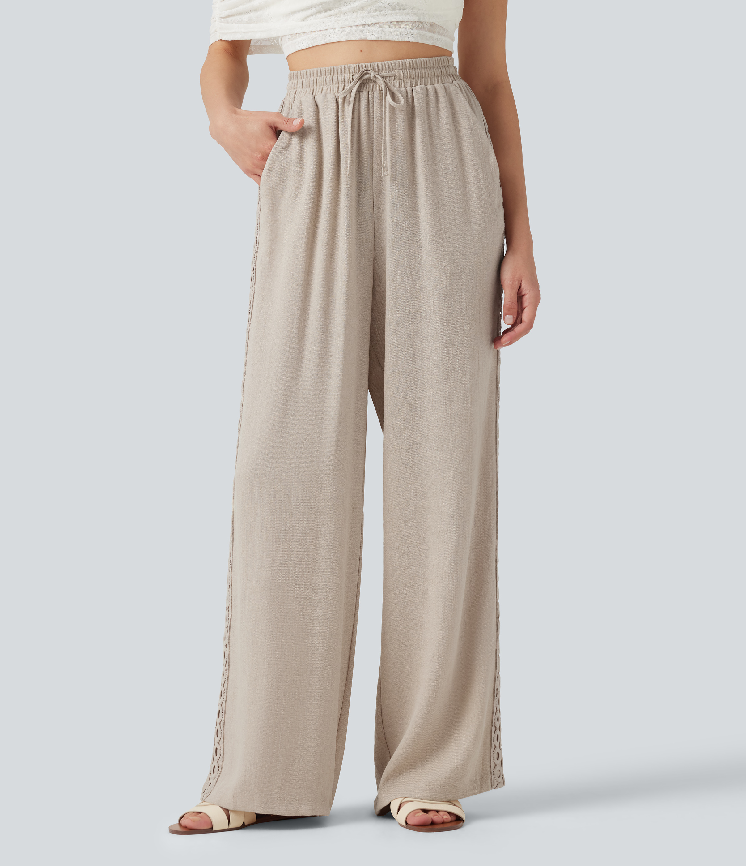 High Waisted Drawstring Casual Linen-Feel Pants with Pockets