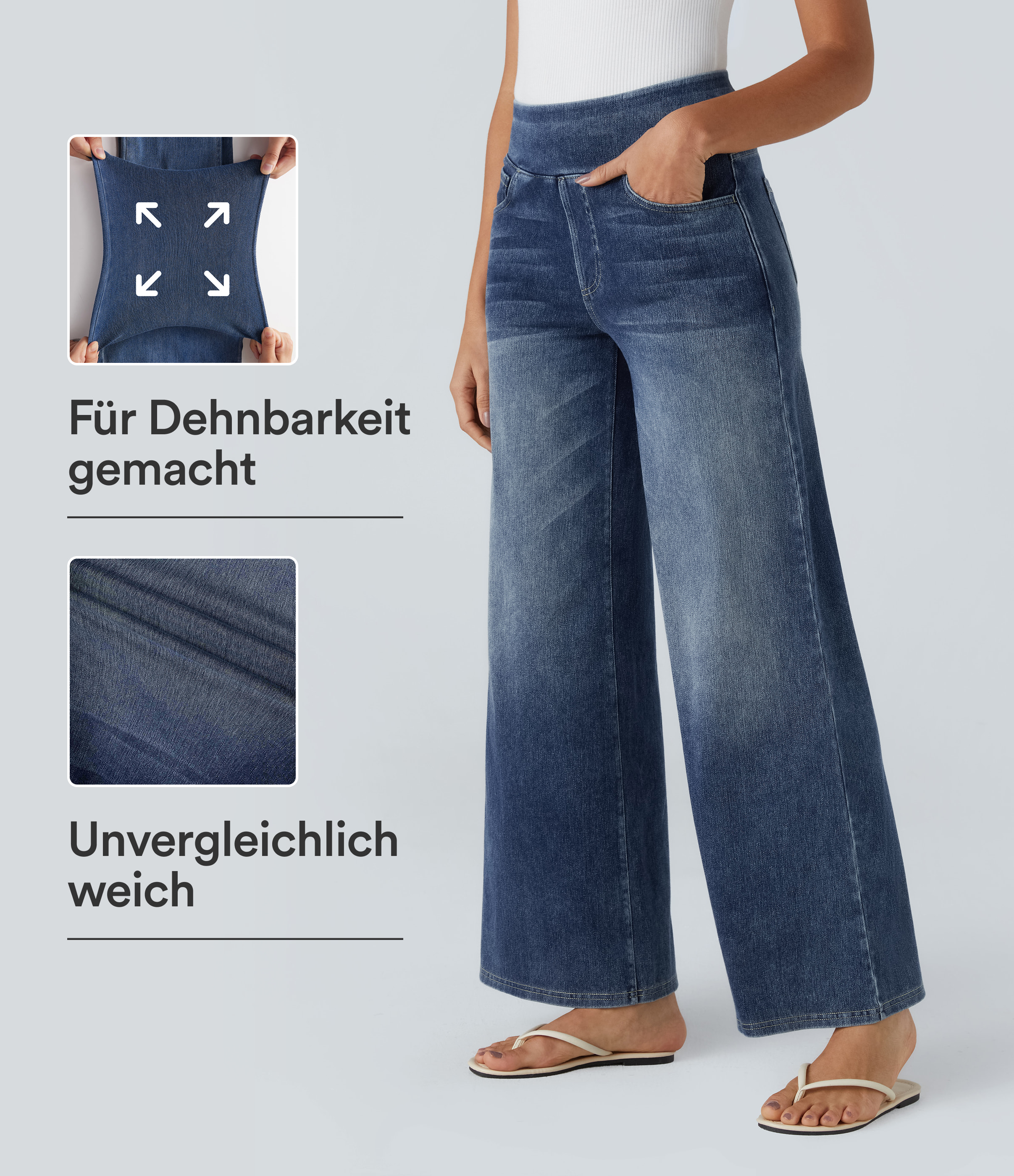 Halara Flex™ Baggy Jeans aus verwaschenem Stretch-Strick mit hohem Bund, mehreren Taschen und weitem Bein, Wide Leg Jeans