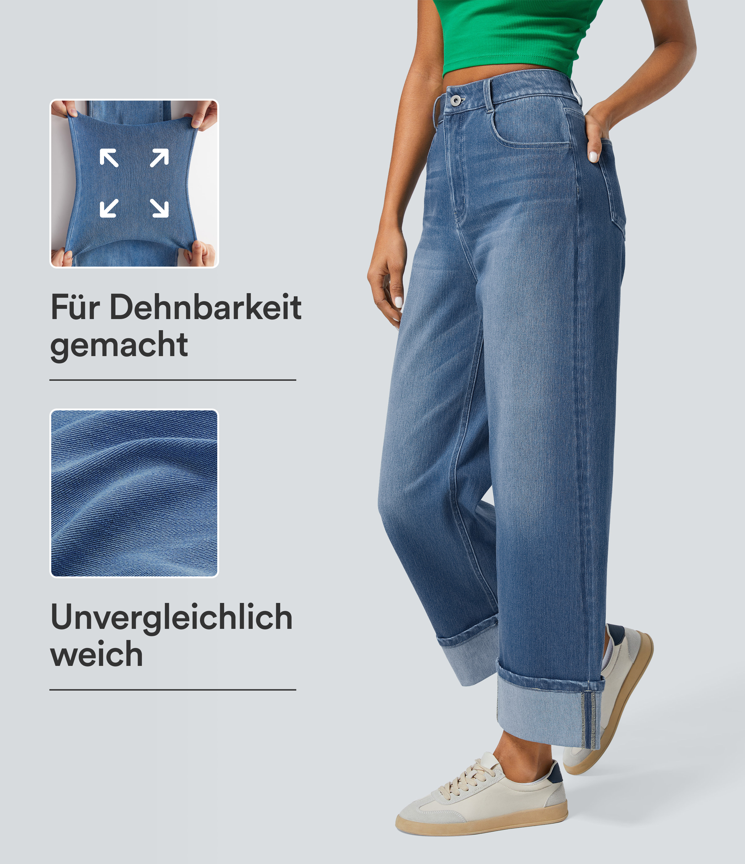 Halara Flex™ - Verwaschene Jeans aus elastischem Strick-Denim mit hohem Bund, mehreren Taschen, Rollsaum und weitem Bein
