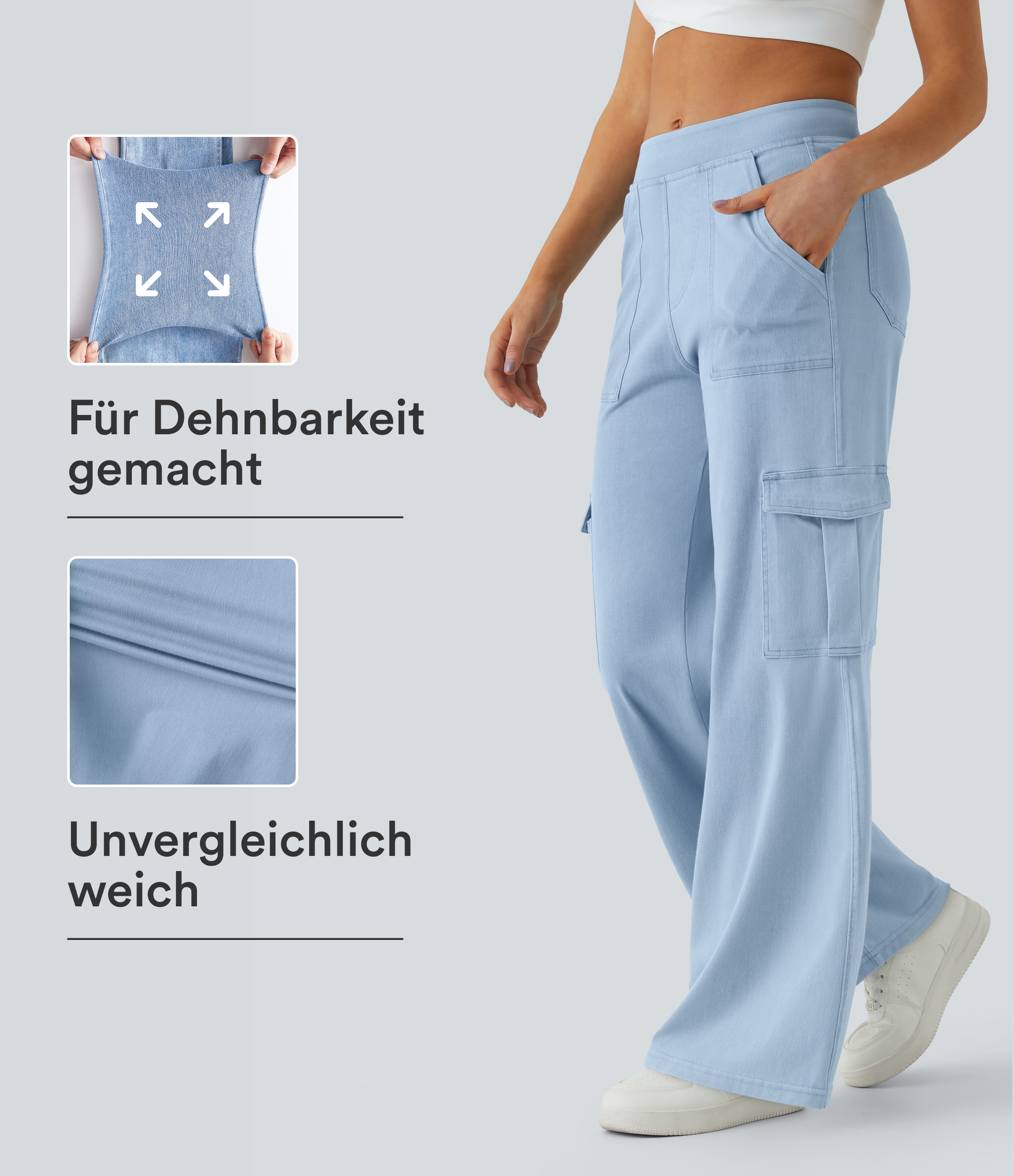 Halara Flex™ lässige Baggy-Hose aus elastischem Strickdenim mit mittelhohem Bund, Cargo-Seitentaschen und geradem Bein