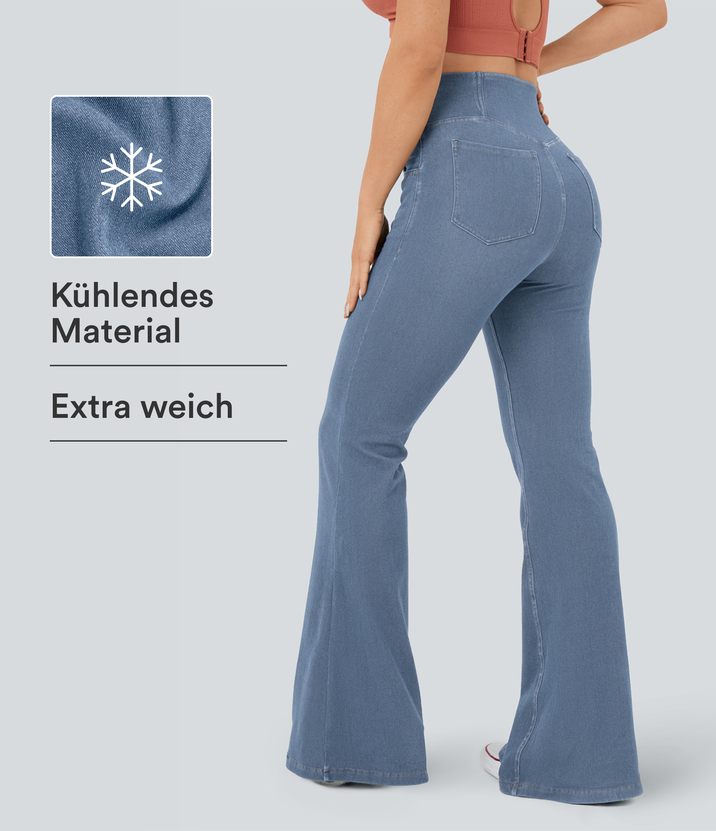 Halara Flex™ Crossover-Flared-Jeans aus elastischem Strick-Denim mit hohem Bund, mehreren Taschen und Cool-Touch