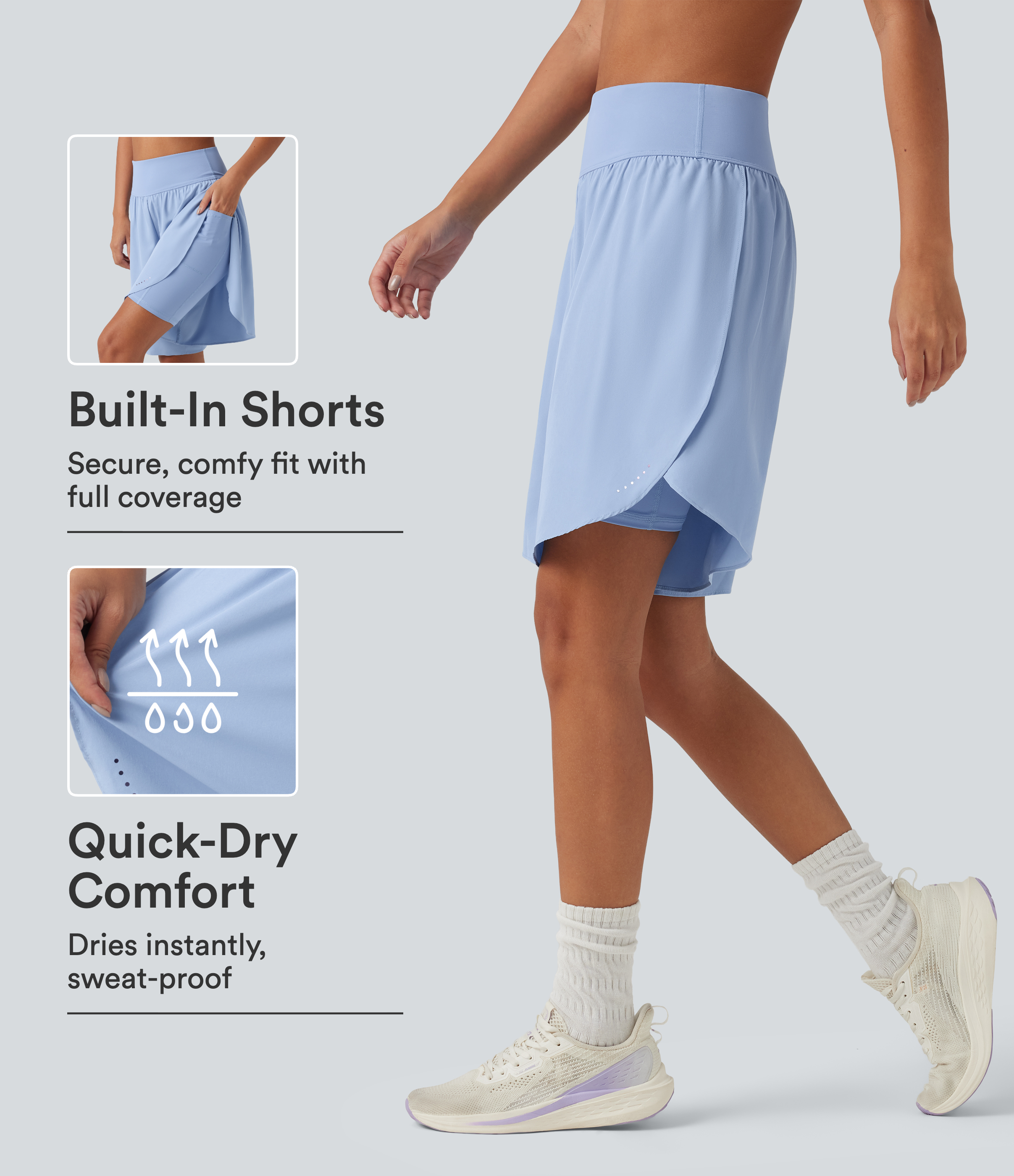 SoftlyZero™ QuickDry High Waisted Tummy Control Reflective Dots Crossover Hem 2-in-1 Running Shorts 9'' with Pockets