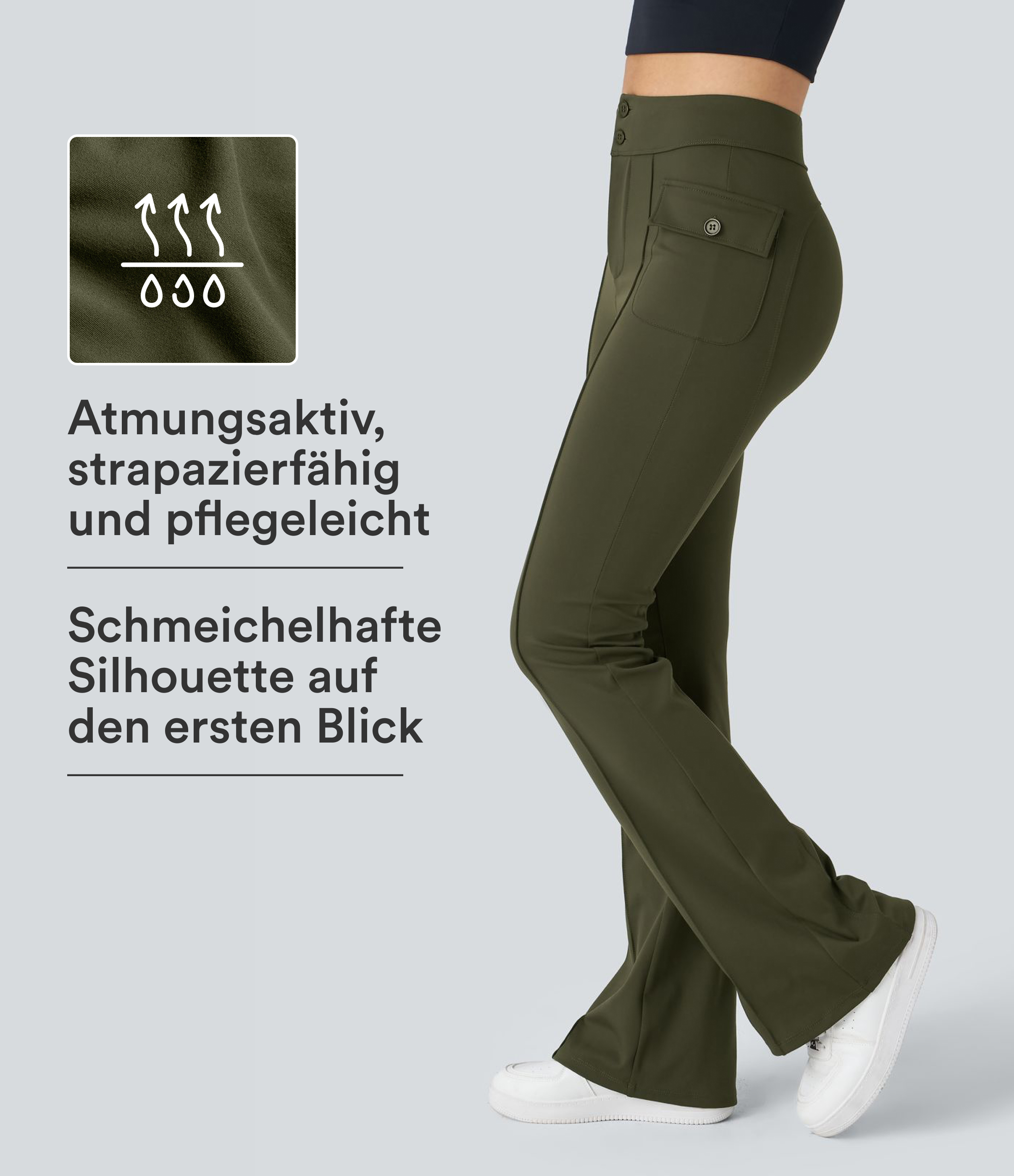 Lässige Cargohose mit hoher Taille, Knöpfe und Pattentasche