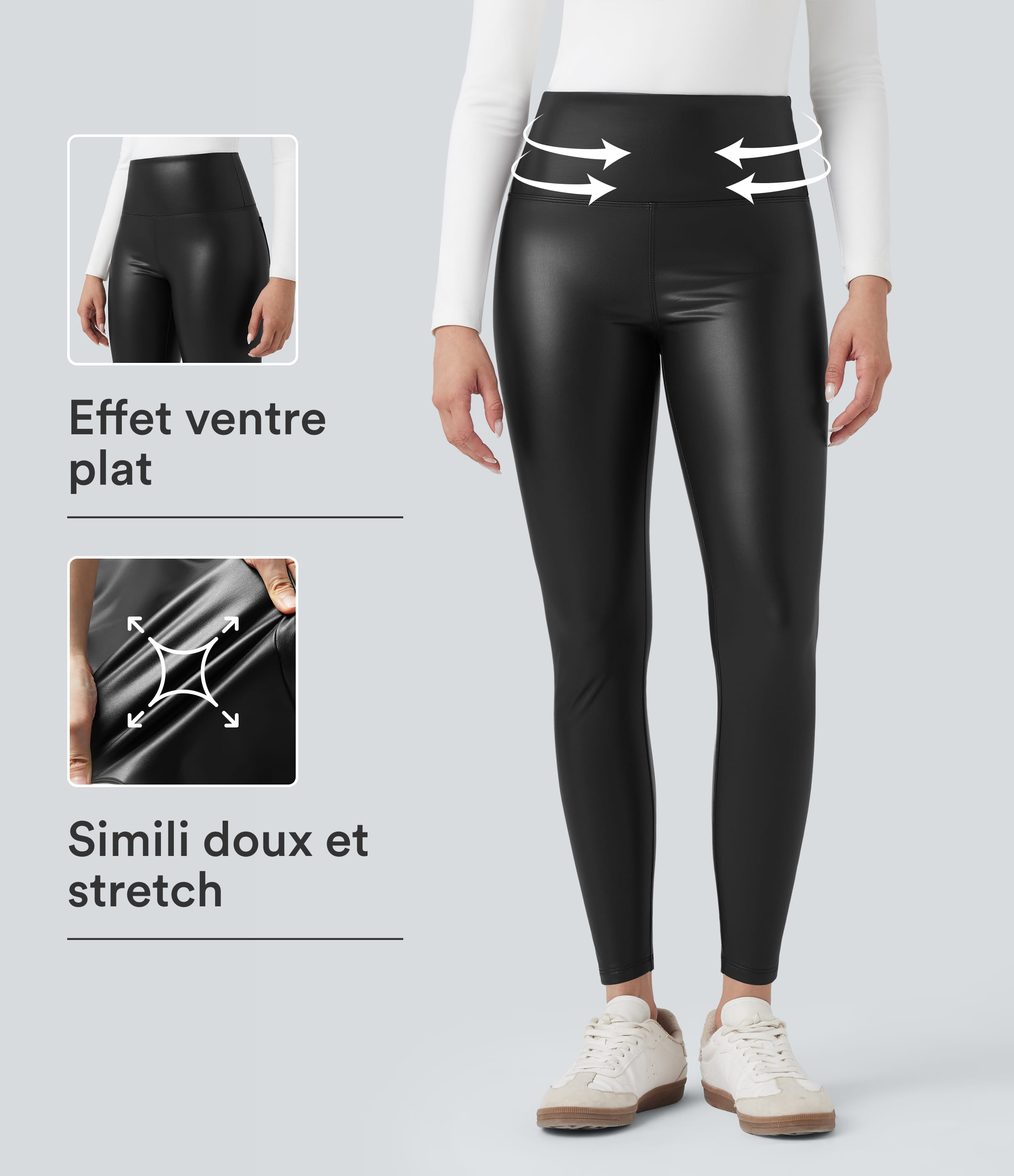 Pantalon 7/8 moulant décontracté polaire gainant taille haute extensible effet cuir avec poches