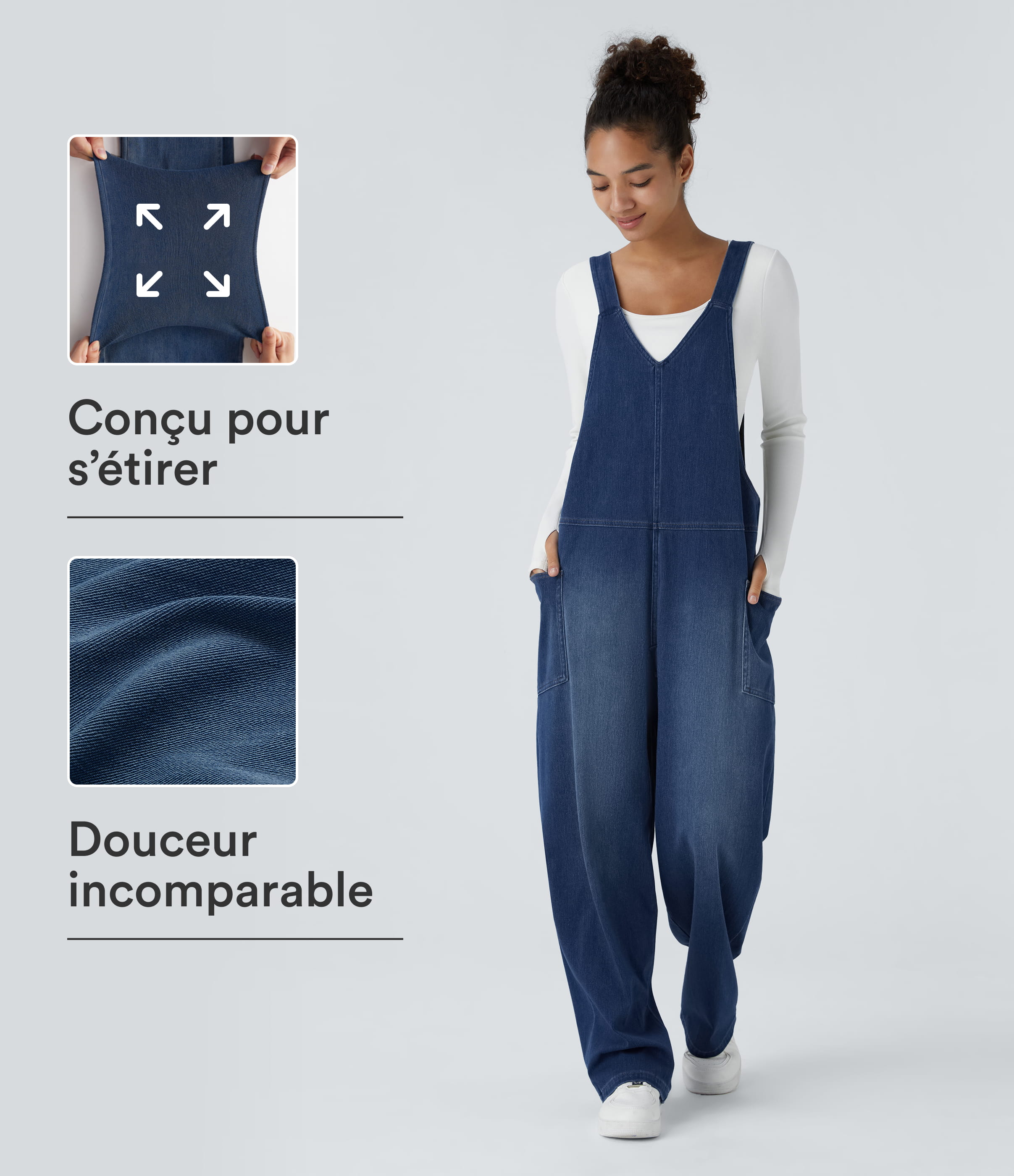 Salopette décontractée Halara Flex™ en denim extensible délavé, col V et poches latérales