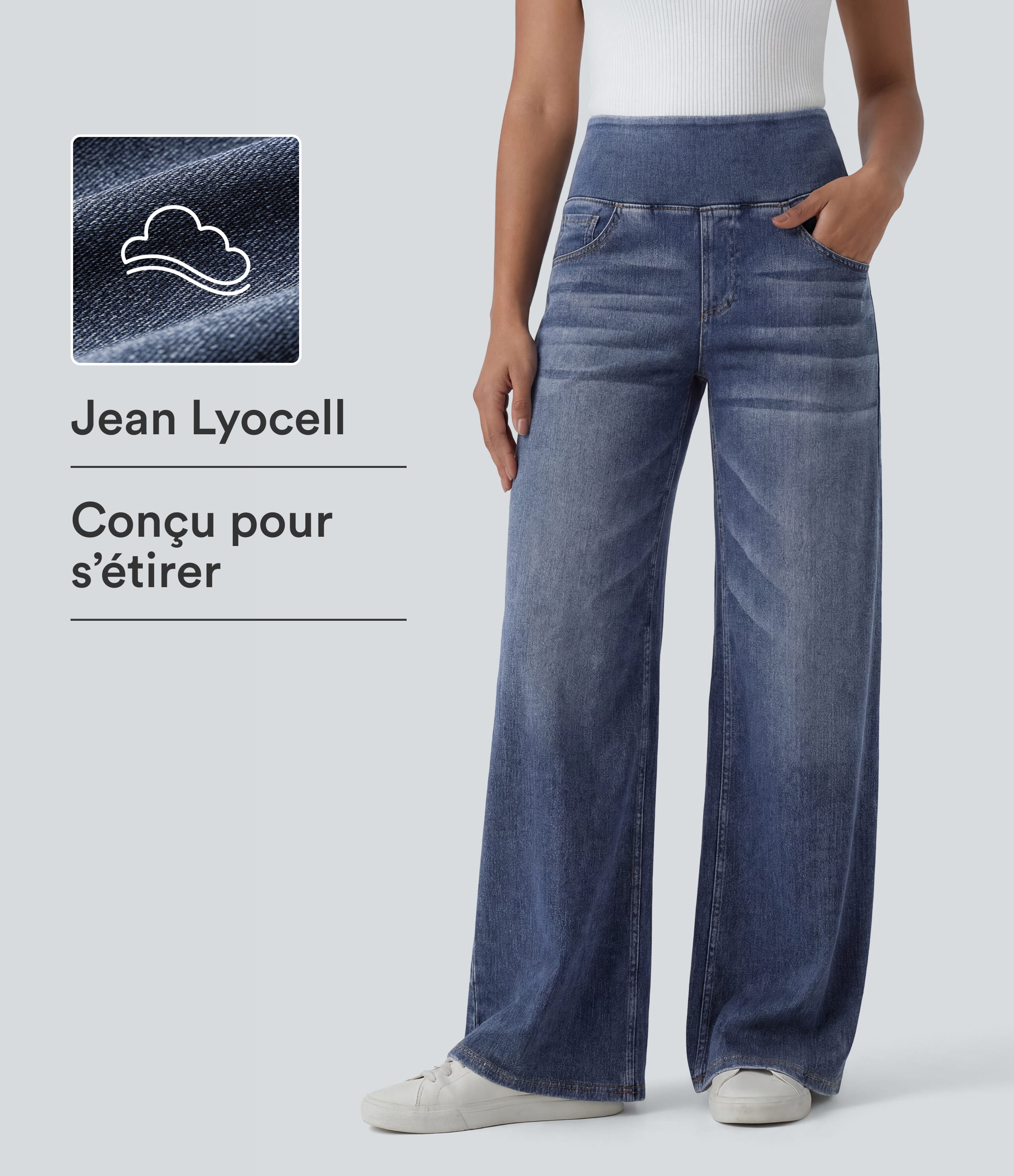 Halara Flex™ Jean large casual baggy taille mi-haute en lyocell drapé effet délavé, avec poches