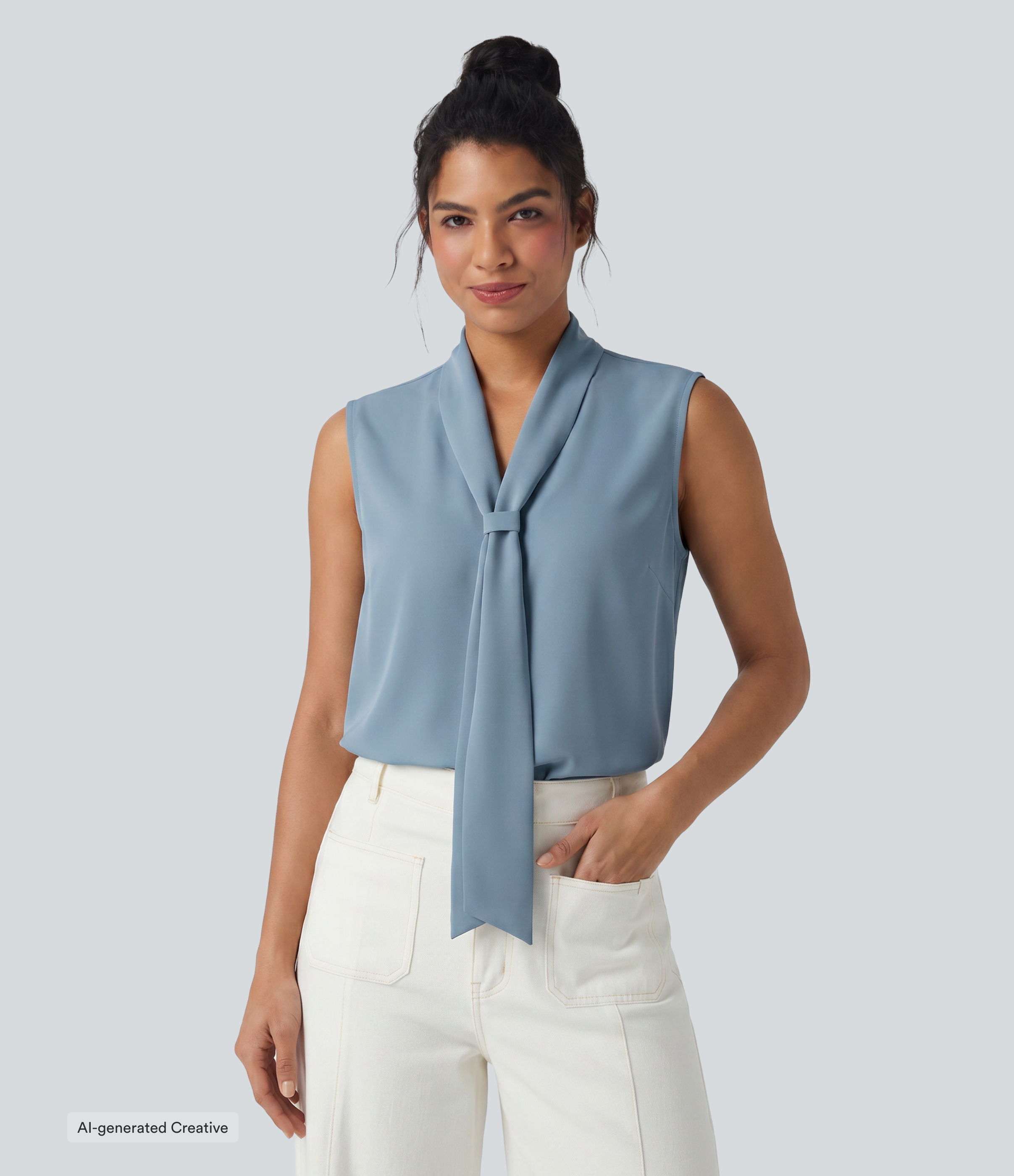 Wrinkle Recovery V Neck Sleeveless Relaxed Work Tie Blouse