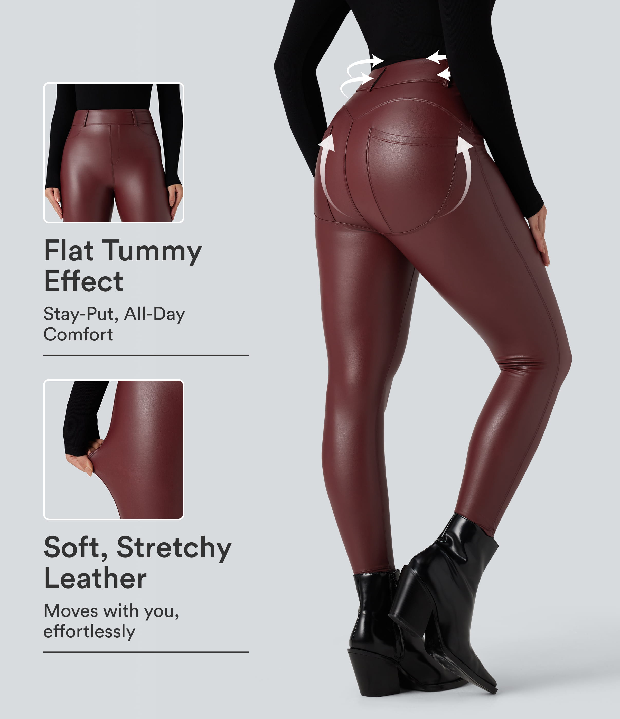 High Waisted Stretchy PU Fleece Casual Leggings with Pockets