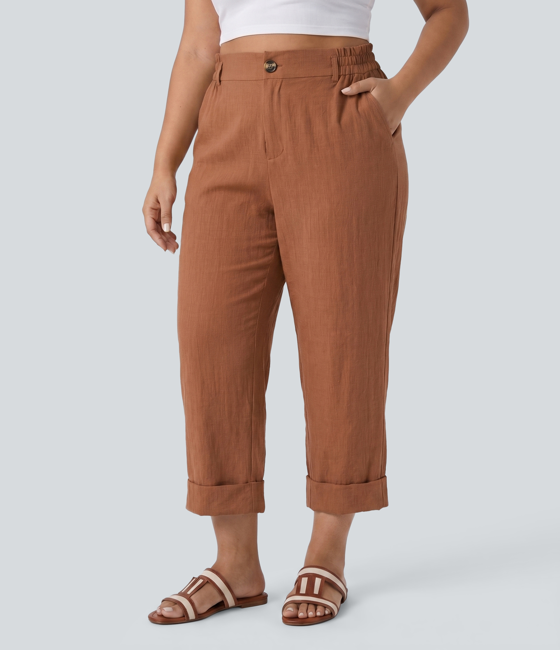 High Waisted Capri Linen-Feel Resort Plus Size Pants with Pockets