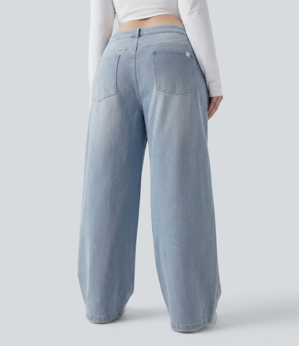 Light Azure Denim Jeans talla grande Halara Flex™ asimétricos, tiro bajo, pierna ancha, efecto lavado, estilo casual, con bolsillos / 2