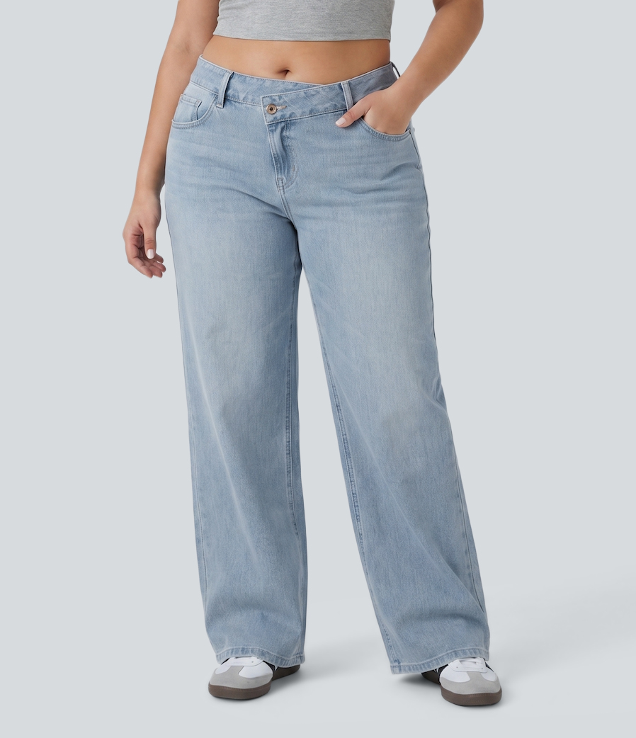 Plus Size Halara Flex™ Asymmetric Low Rise Wide Leg Washed Casual Jeans with Pockets