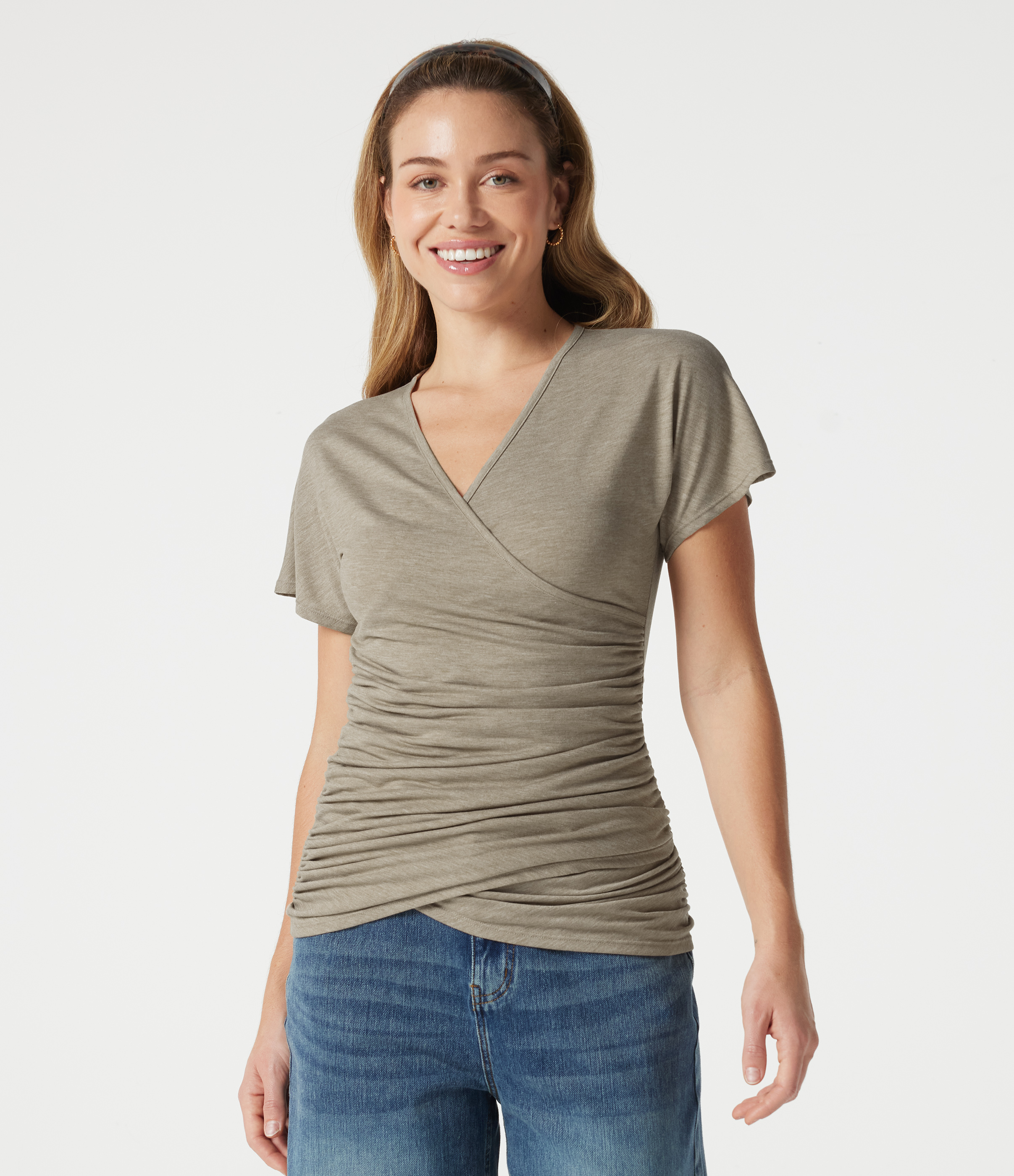 V Neck Short Sleeve Ruched Casual Top