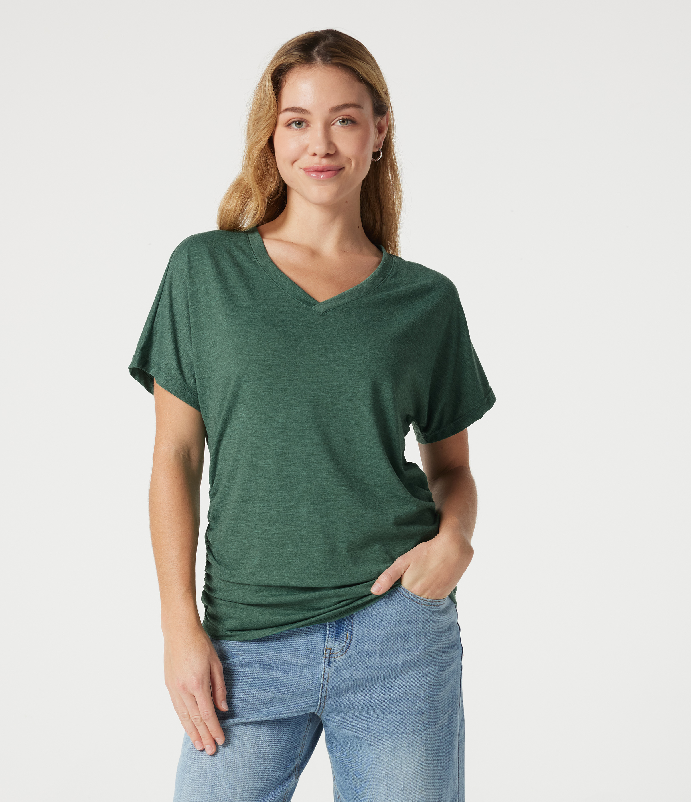 V-neck Short Sleeve Ruched Relaxed Casual Top