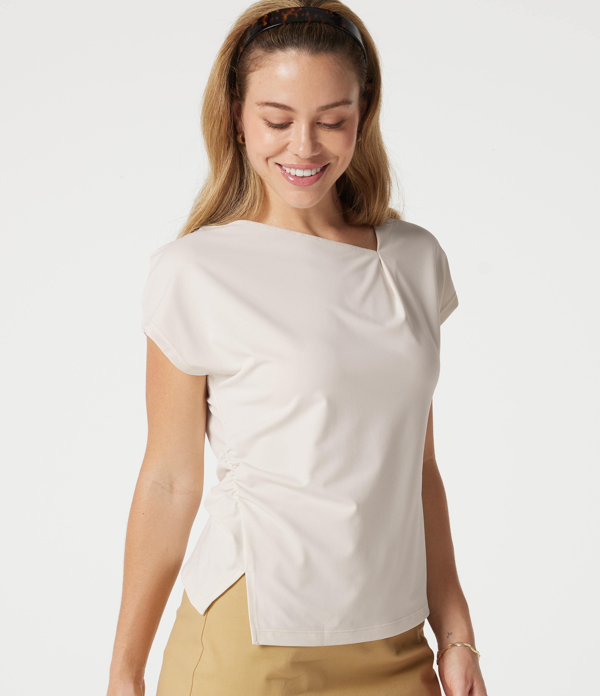 Asymmetric Cowl Neck Short Sleeve Ruched Split Hem Work Blouse