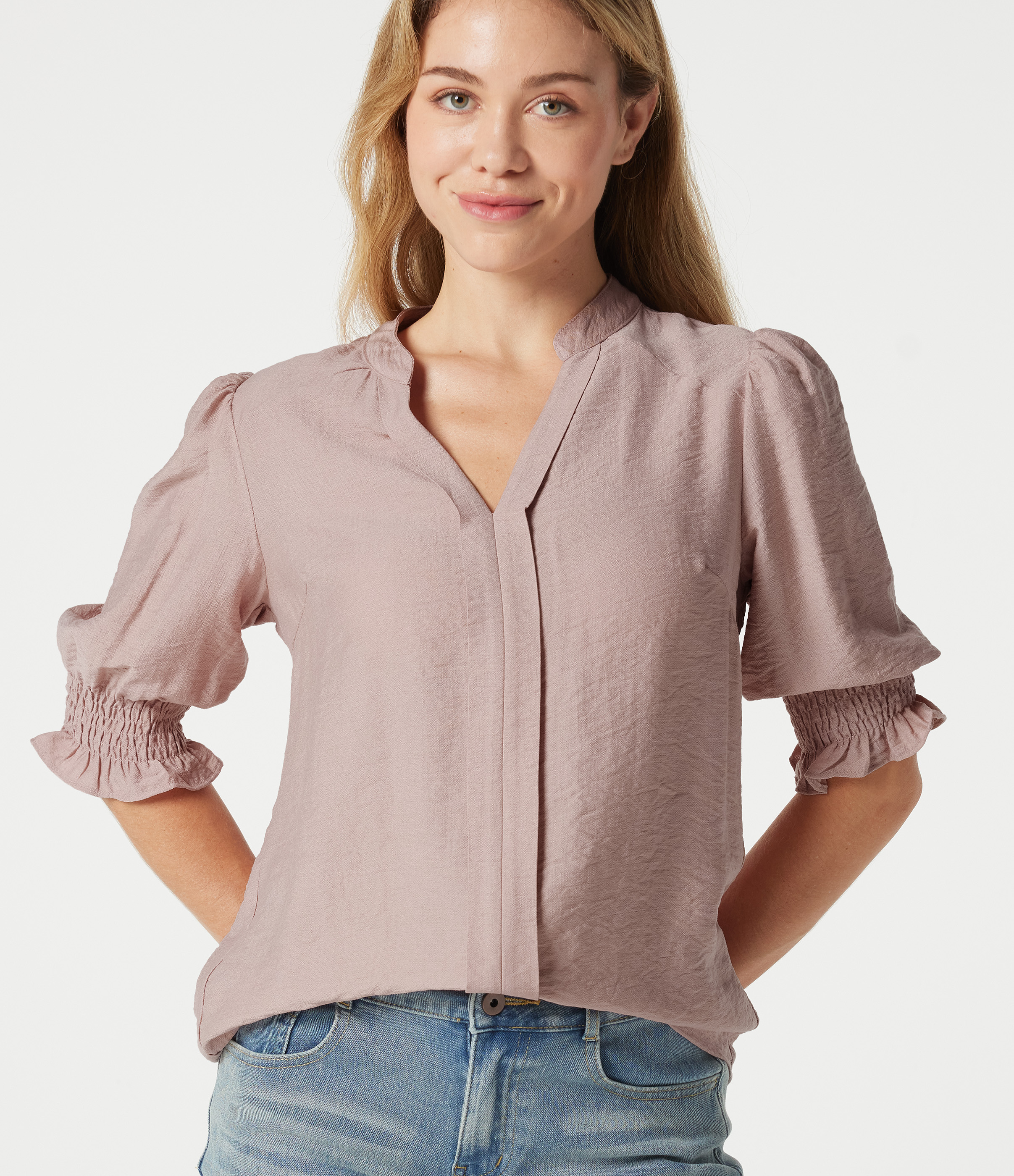 V Neck Puff Short Sleeve Casual Blouse