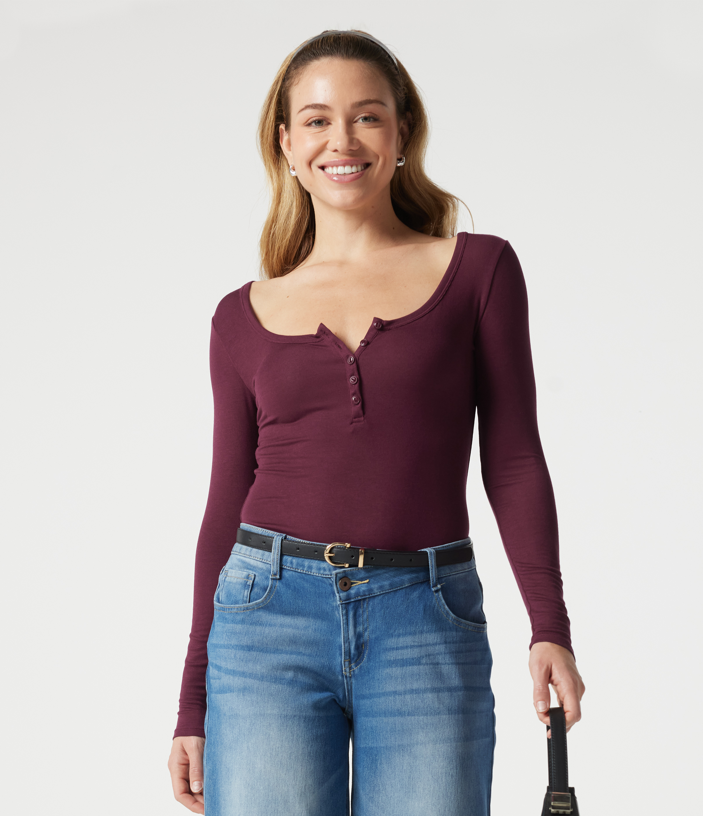 Ribbed Henley Neck Long Sleeve Slim Casual T-Shirt