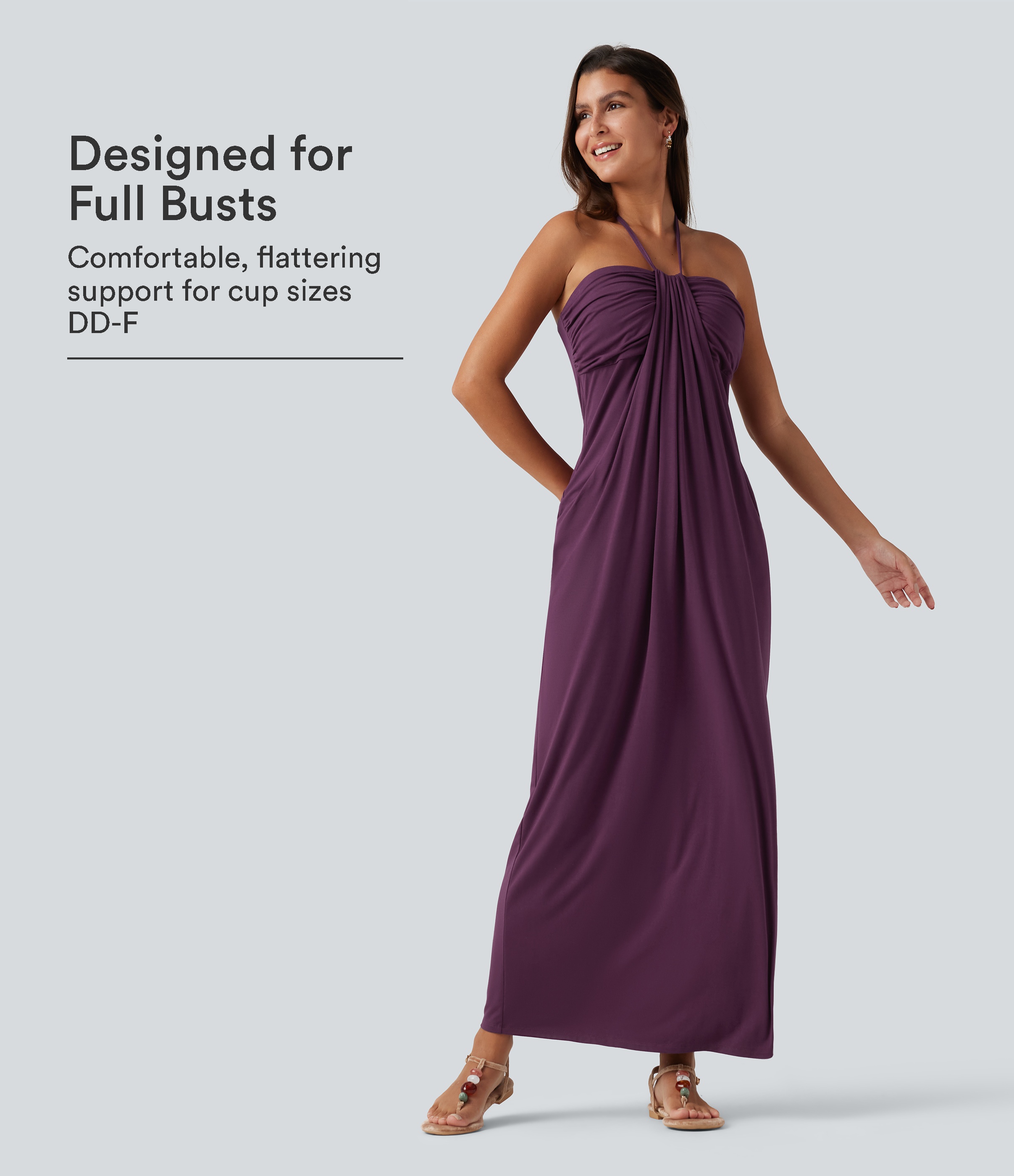 Halter Tie Back Built-in Bra Maxi Dress with Pockets DD-F Cups