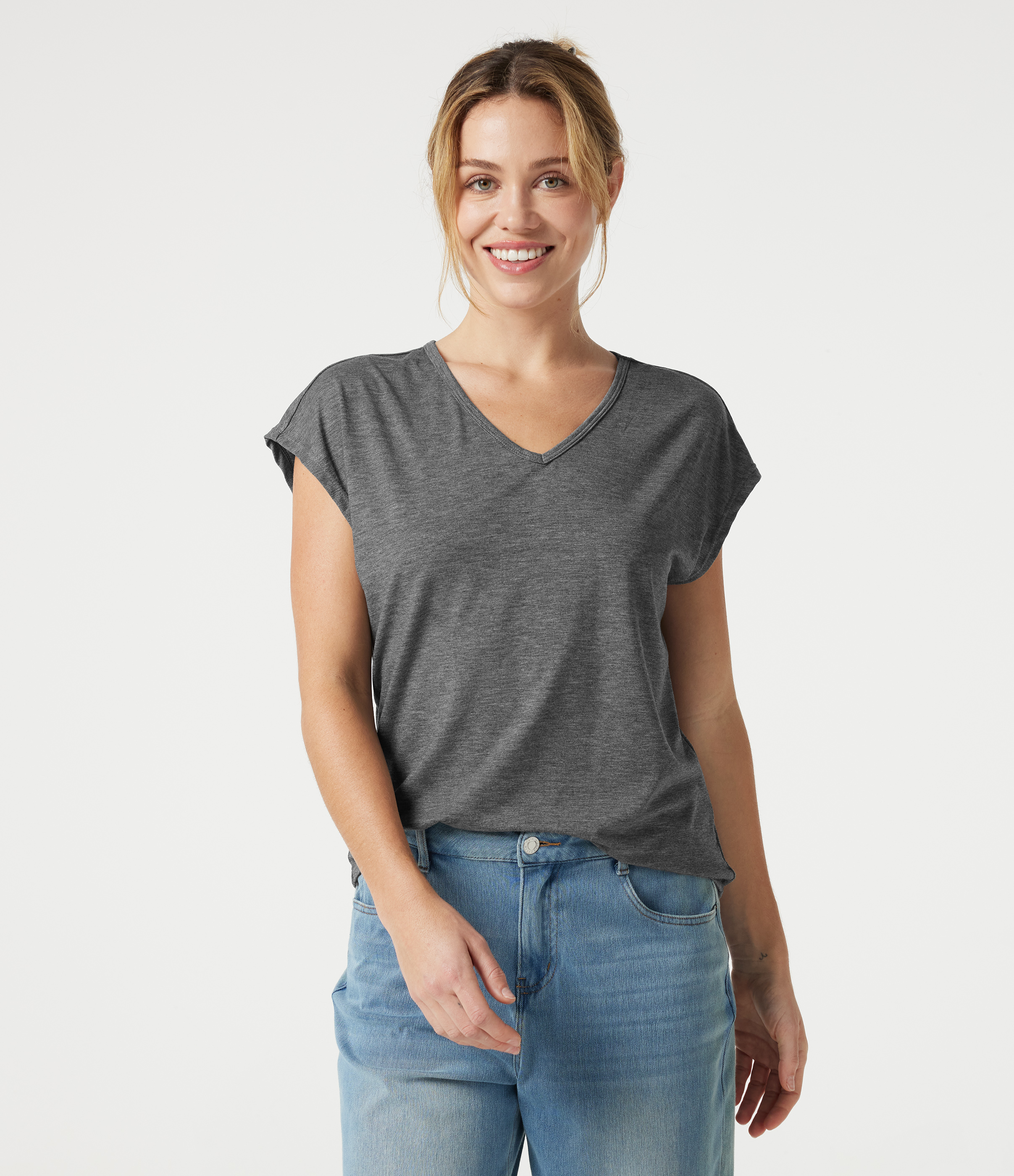 V Neck Short Sleeve Relaxed Heathered Casual T-Shirt