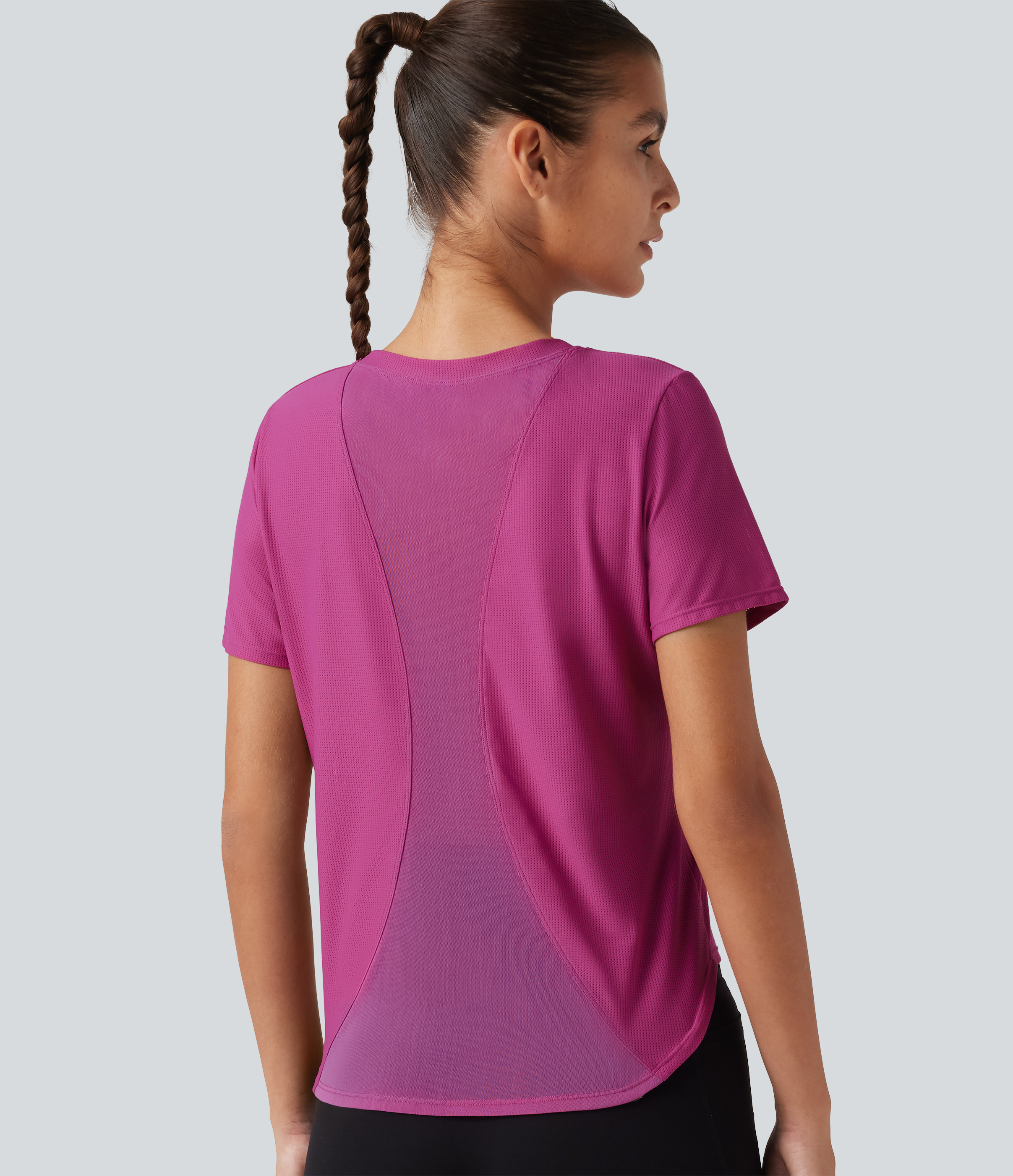 Round Neck Short Sleeve Contrast Mesh Yoga Sports Top