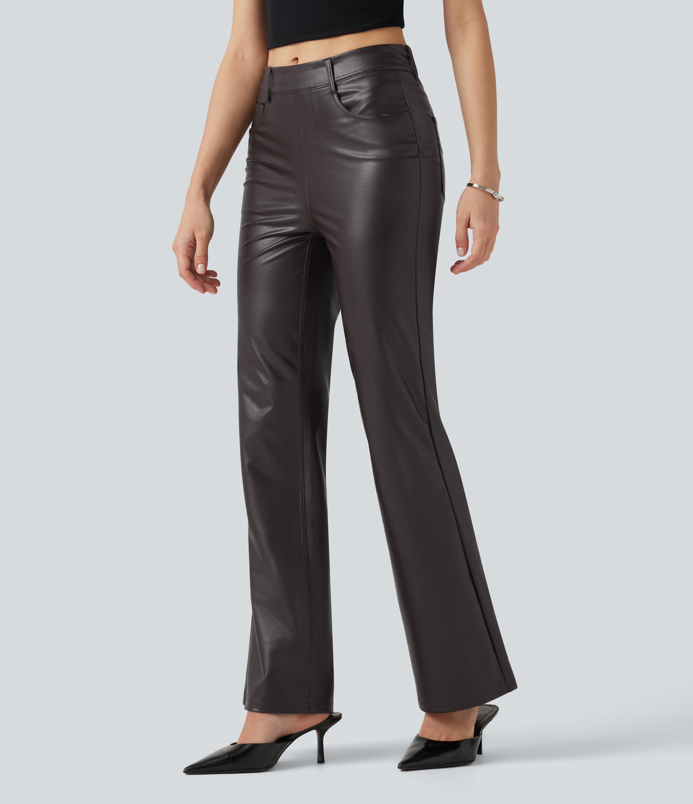 Smoky Dusk Brown Pantaloni casual bootcut din PU, talie medie, elastici, cu buzunare / 2