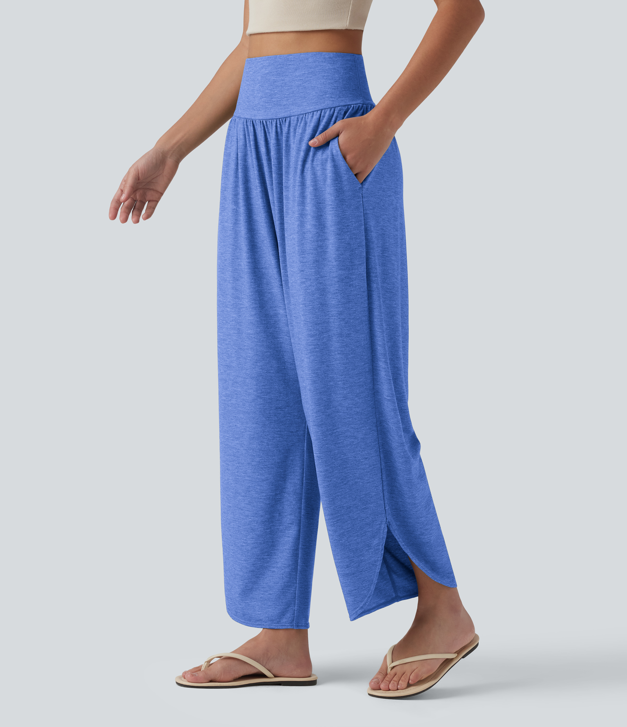 High Waisted Tummy Control Curved Hem Casual Pants with Pockets