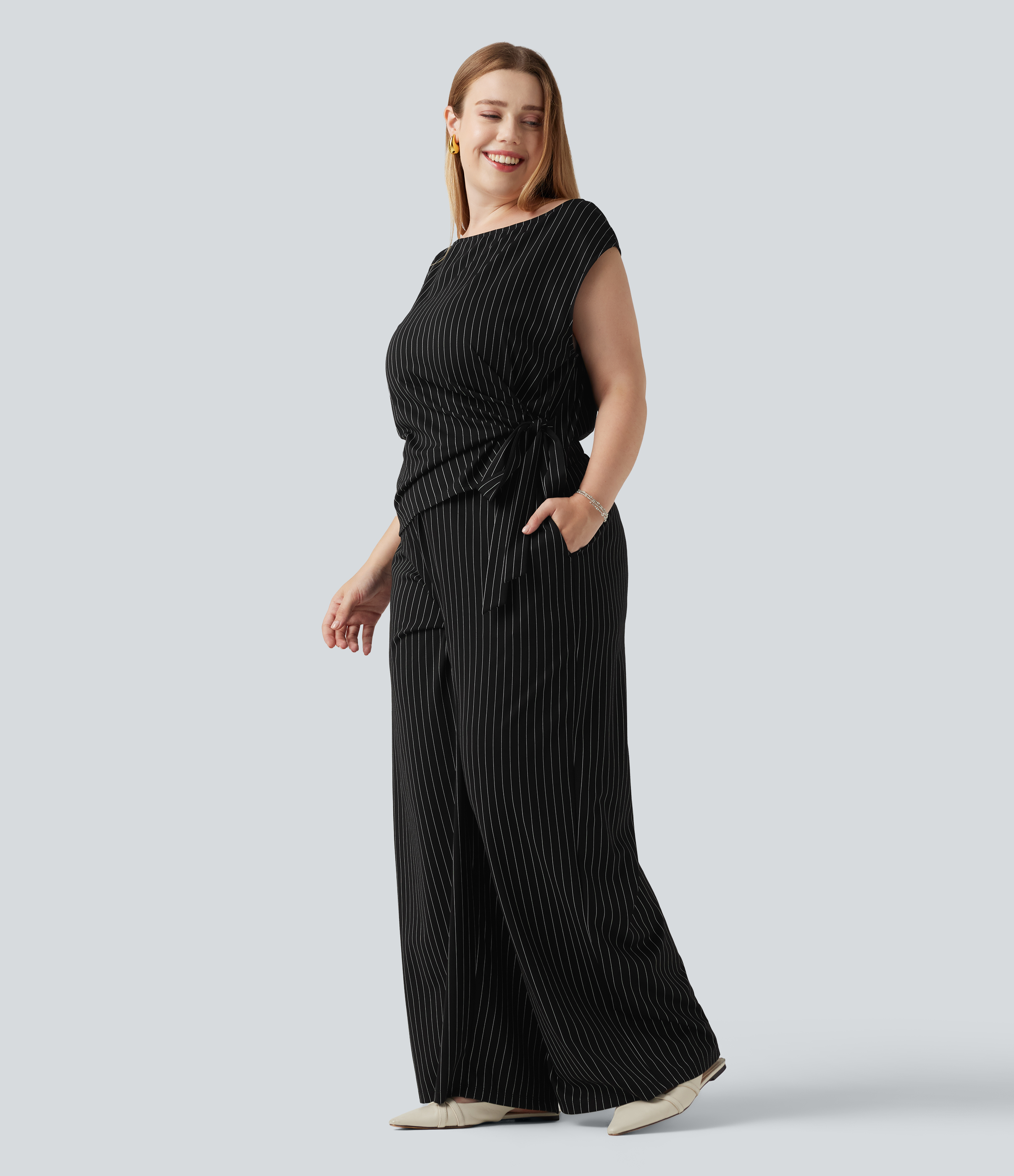 Plus Size Boat Neck Sleeveless Tie Side InstantCool Stripe Work Jumpsuit with Pockets-Easy Peezy Edition