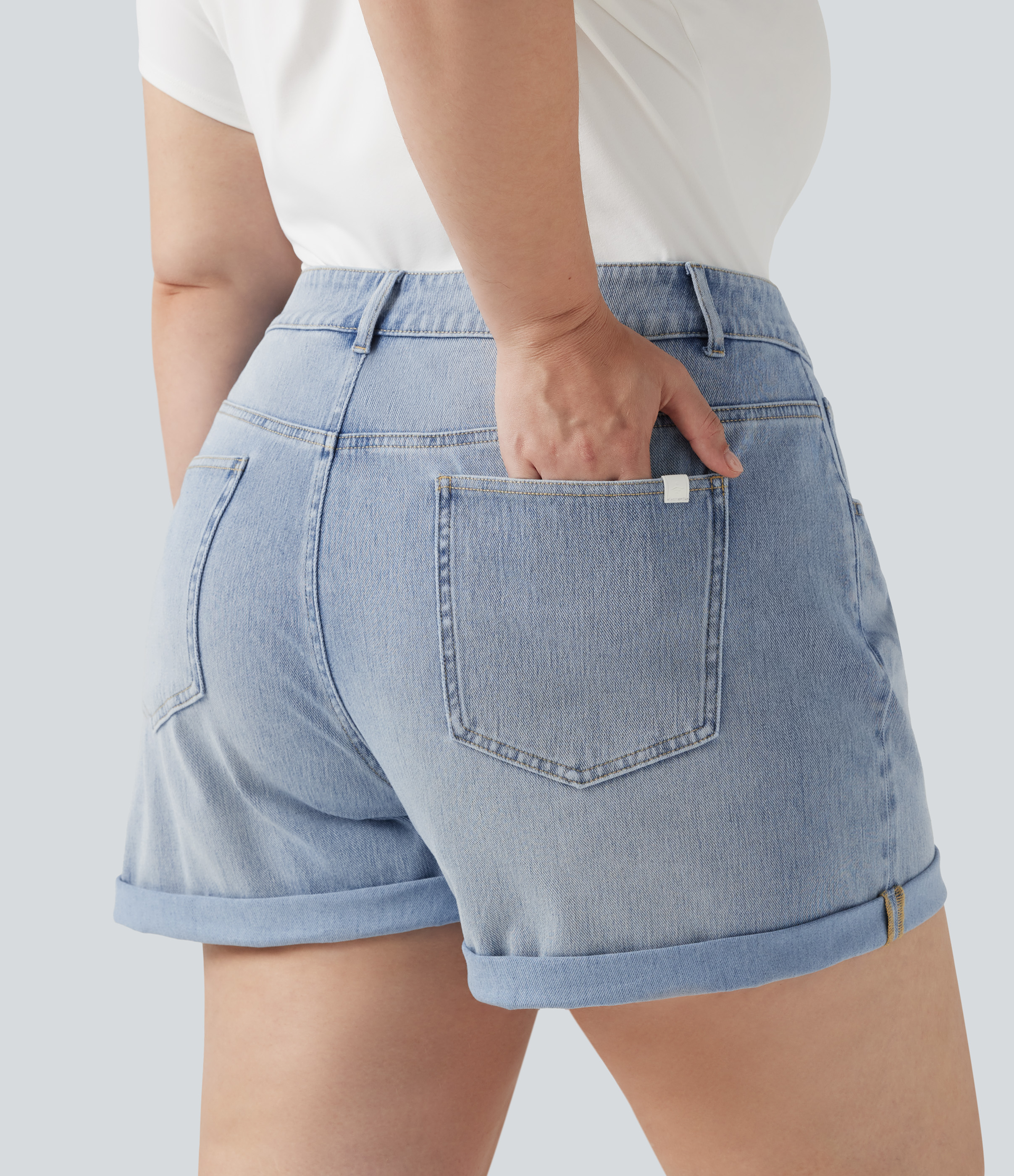 Baltic Sea Blue Denim Plus Size Halara Flex™ Asymmetric High Waisted Rolled Hem Washed Denim Casual Shorts with Pockets / 2