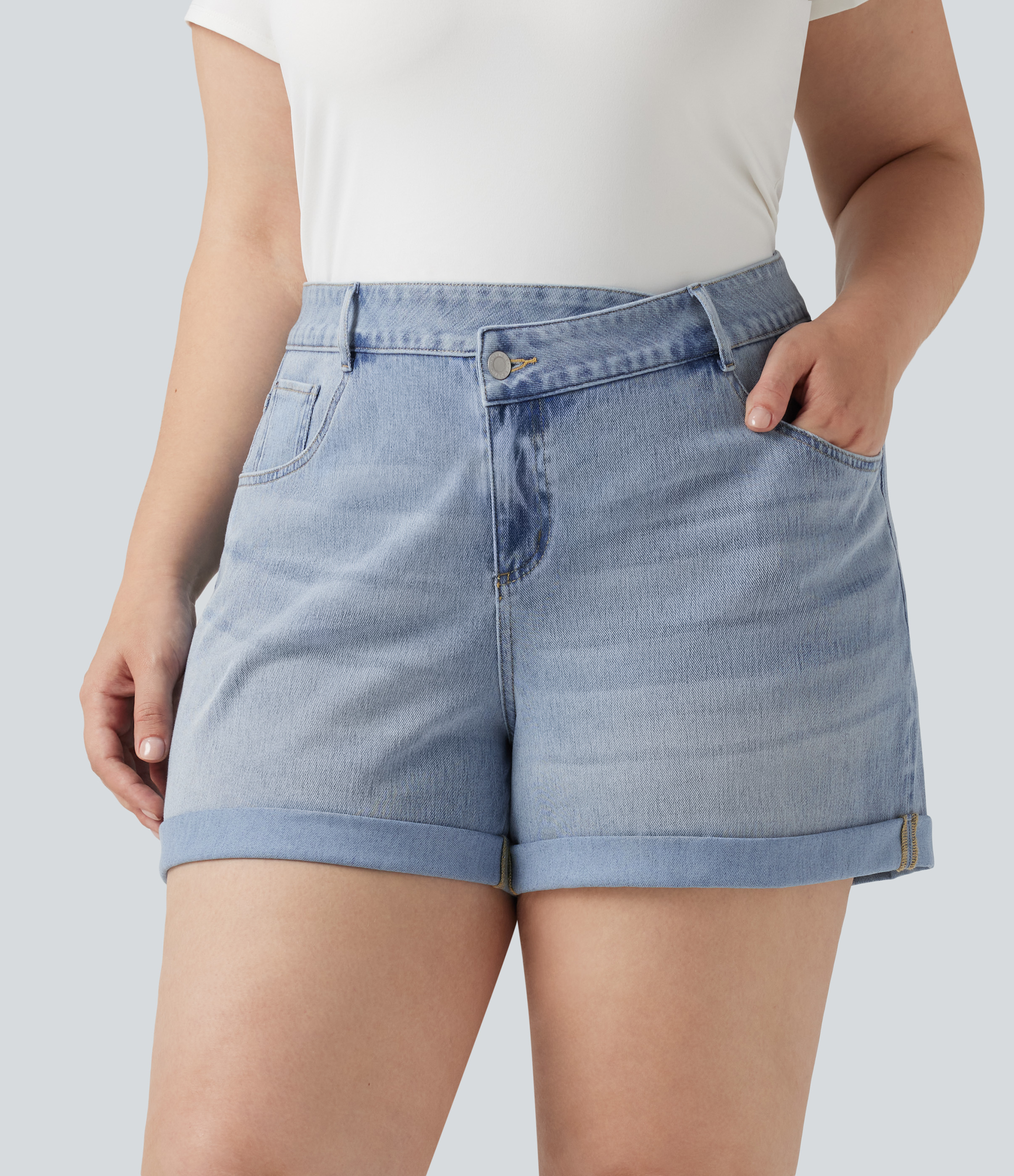 Plus Size Halara Flex™ Asymmetric High Waisted Rolled Hem Washed Denim Casual Shorts with Pockets