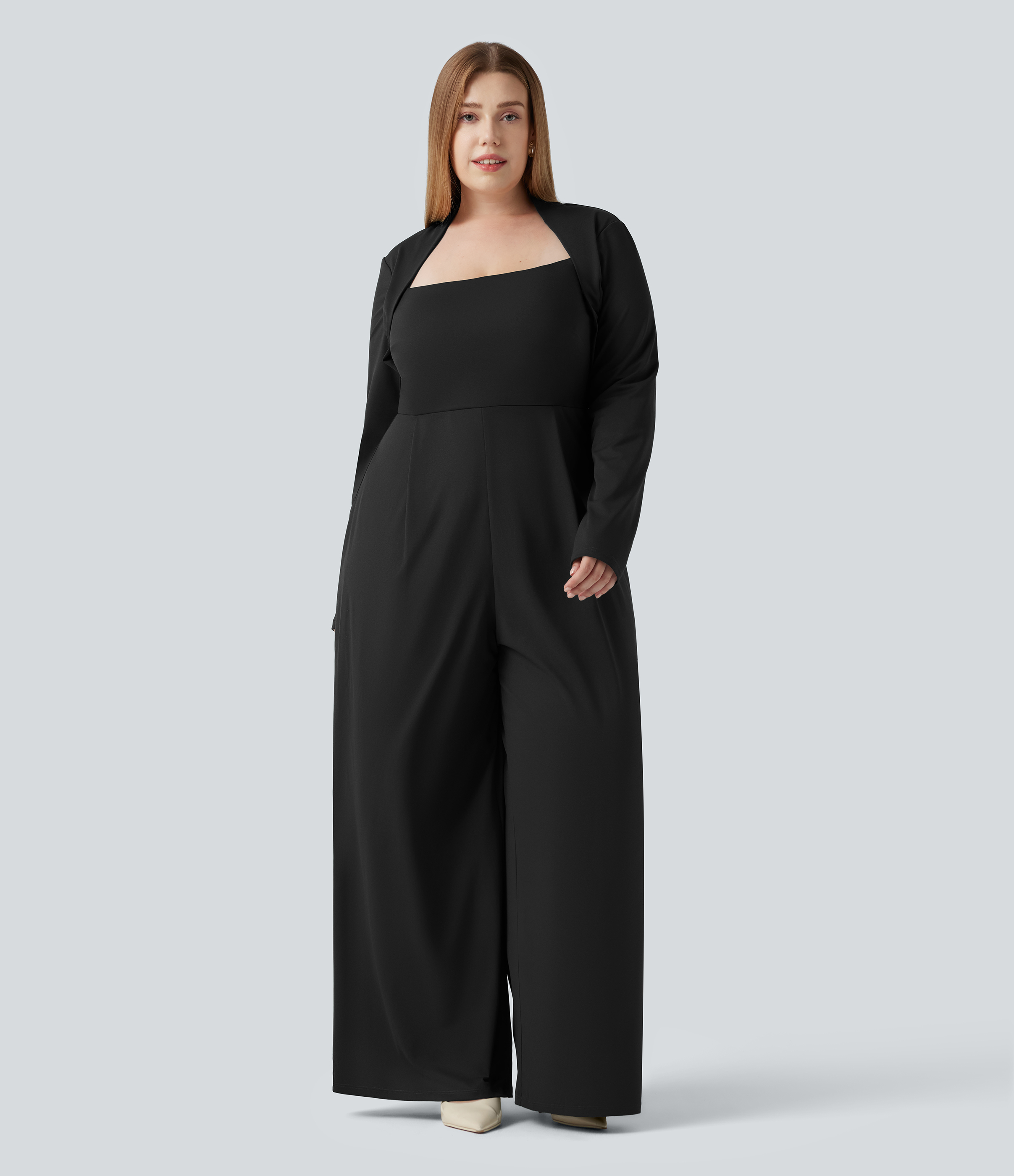 Jumpsuit mit langen Ärmeln, integriertem BH und weitem Bein - Plus-Size