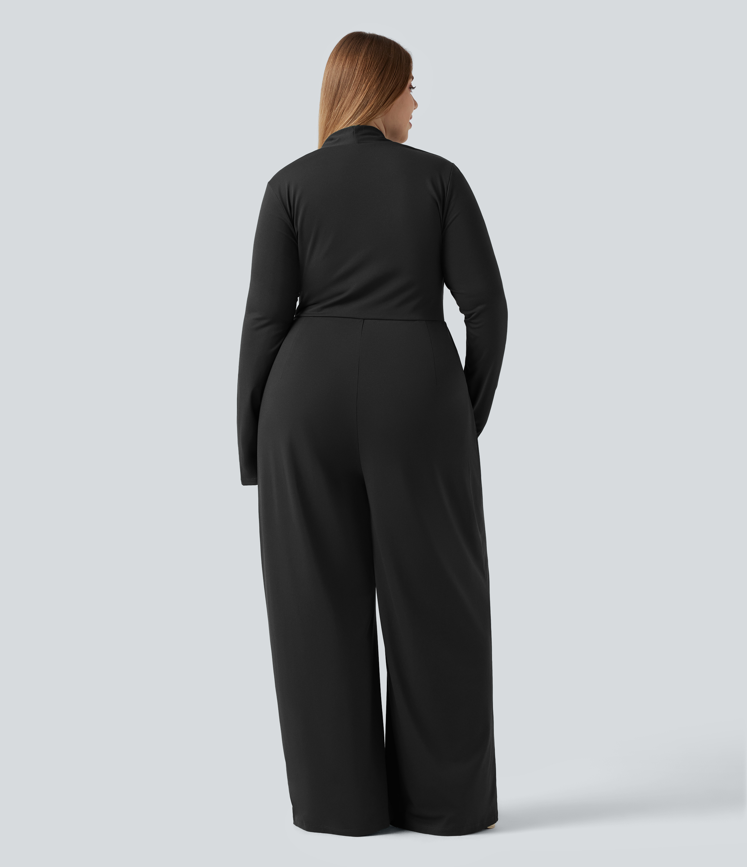 Black Plus Size Built-in Bra Long Sleeve Wide Leg Jumpsuit / 2