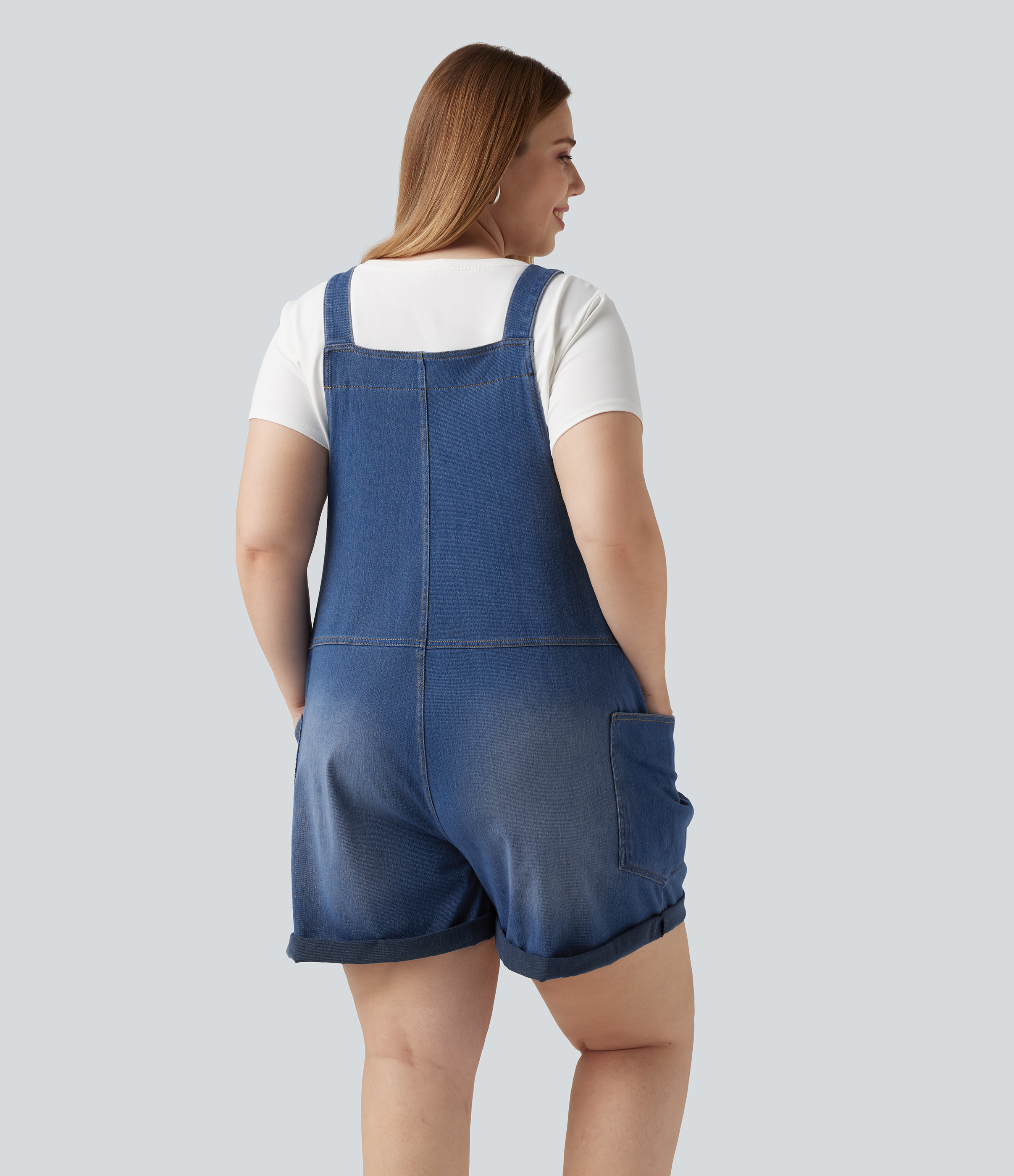 Estate Blue Denim Plus Size Halara Flex™ V Neck Rolled Hem Washed Denim Casual Short Overalls with Pockets / 2