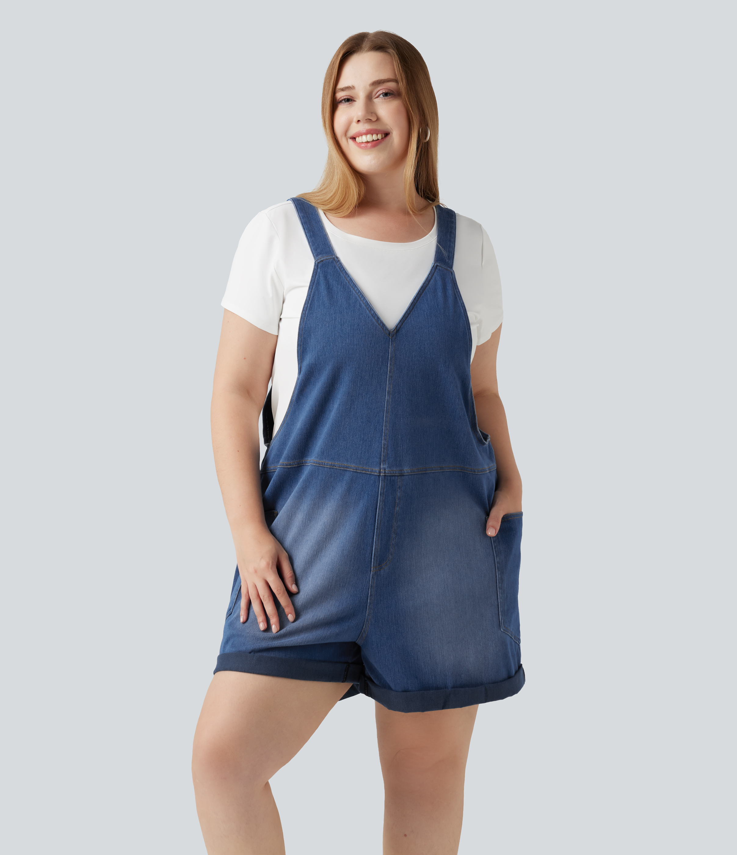Plus Size Halara Flex™ V Neck Rolled Hem Washed Denim Casual Short Overalls with Pockets