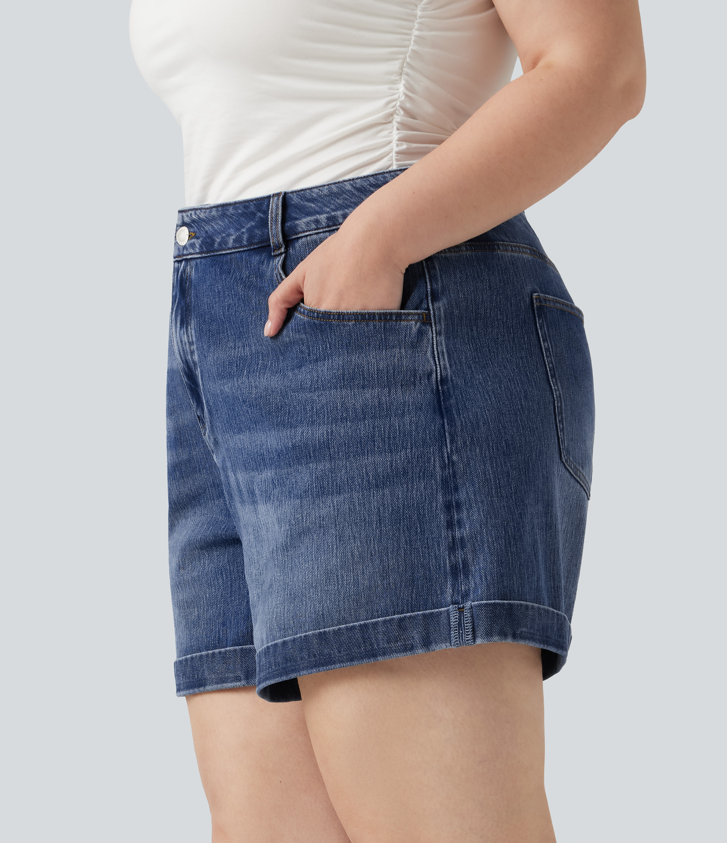 Plus Size Halara Flex™ Mid Rise Rolled Hem Denim Casual Shorts 5'' with Pockets
