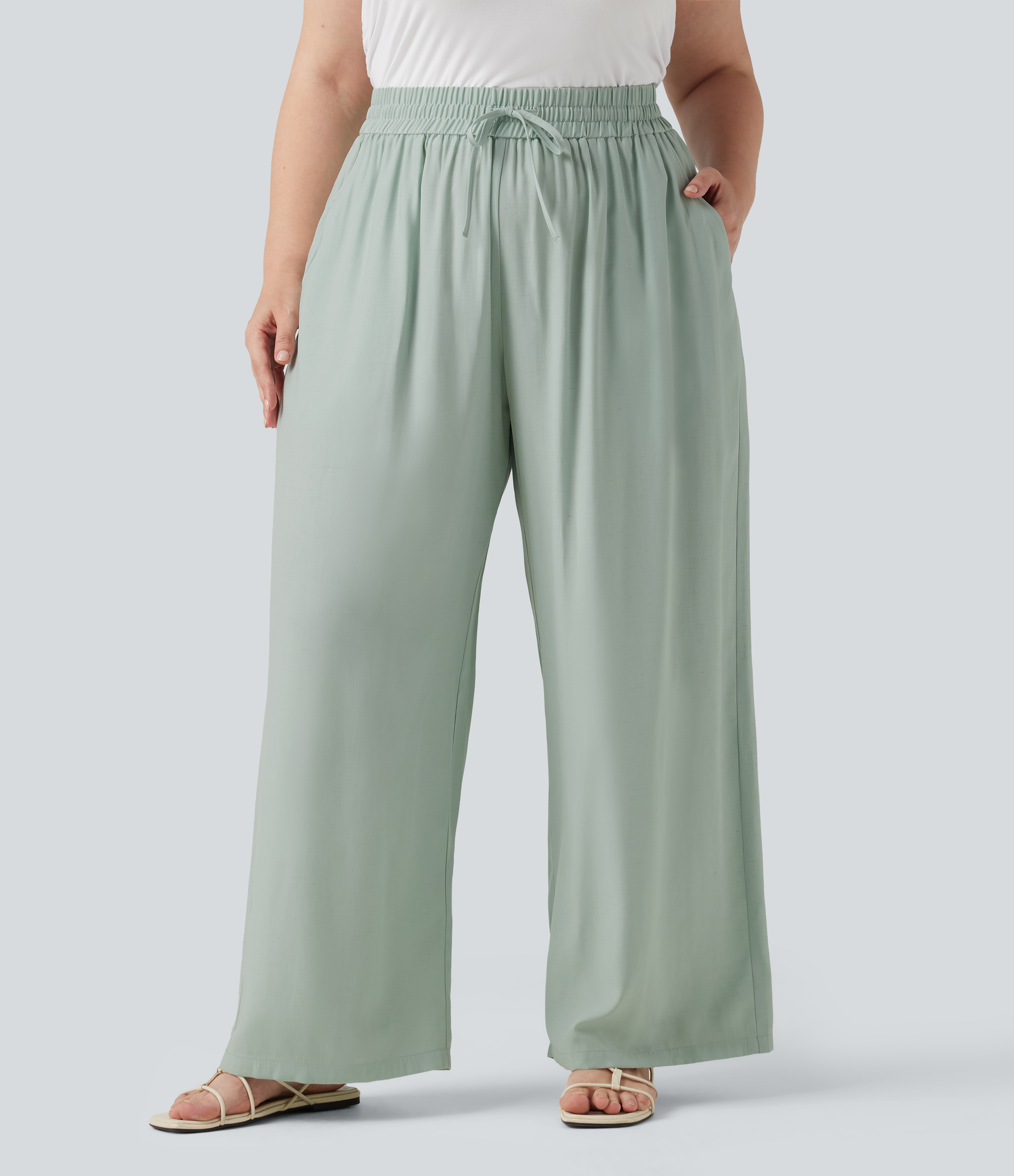 Sea Foam Plus Size High Waisted Drawstring Wide Leg Casual Linen-Blend Pants with Pockets / 2