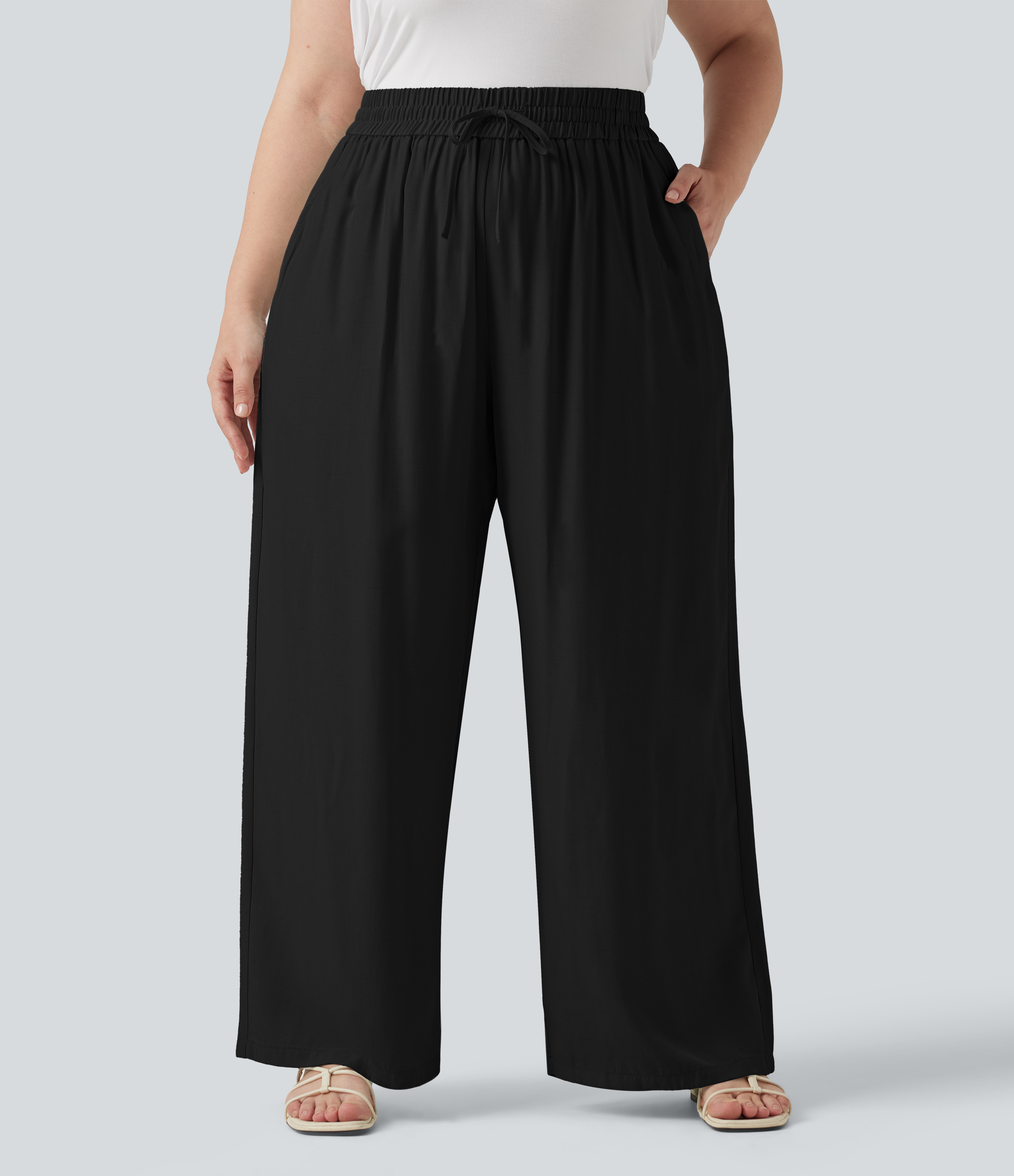 Plus Size High Waisted Drawstring Wide Leg Casual Linen-Blend Pants with Pockets