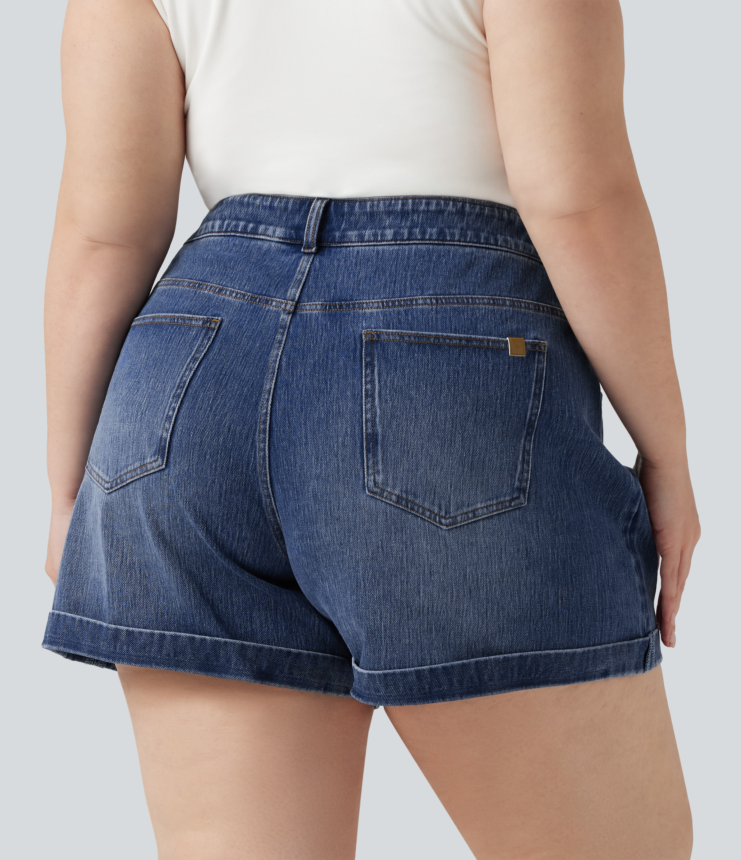 Cerulean Blue Denim Plus Size Halara Flex™ Mid Rise Rolled Hem Denim Casual Shorts 5'' with Pockets / 2
