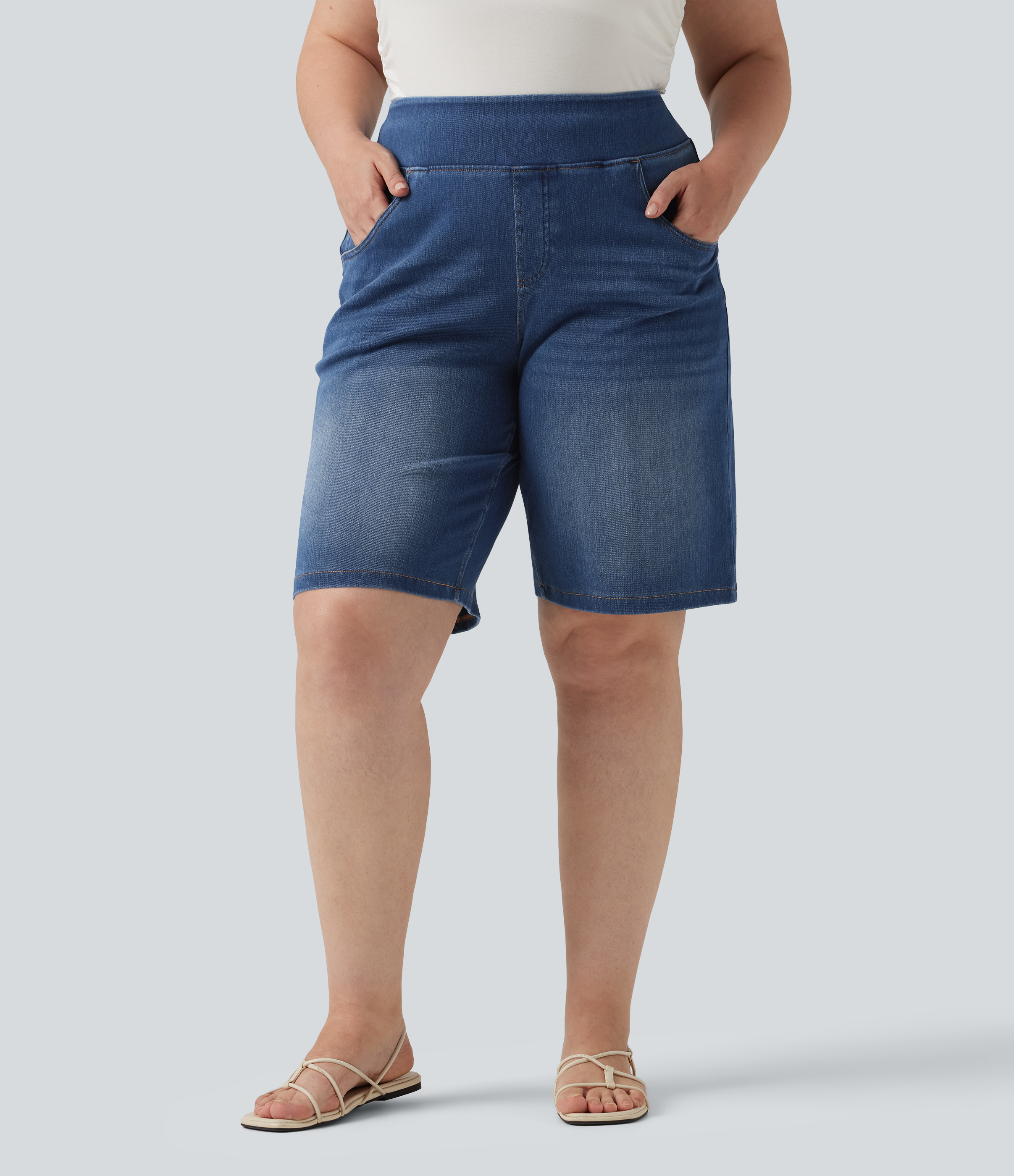 Plus Size Halara Flex™ High Waisted Denim Casual Bermuda Shorts 9" with Pockets 